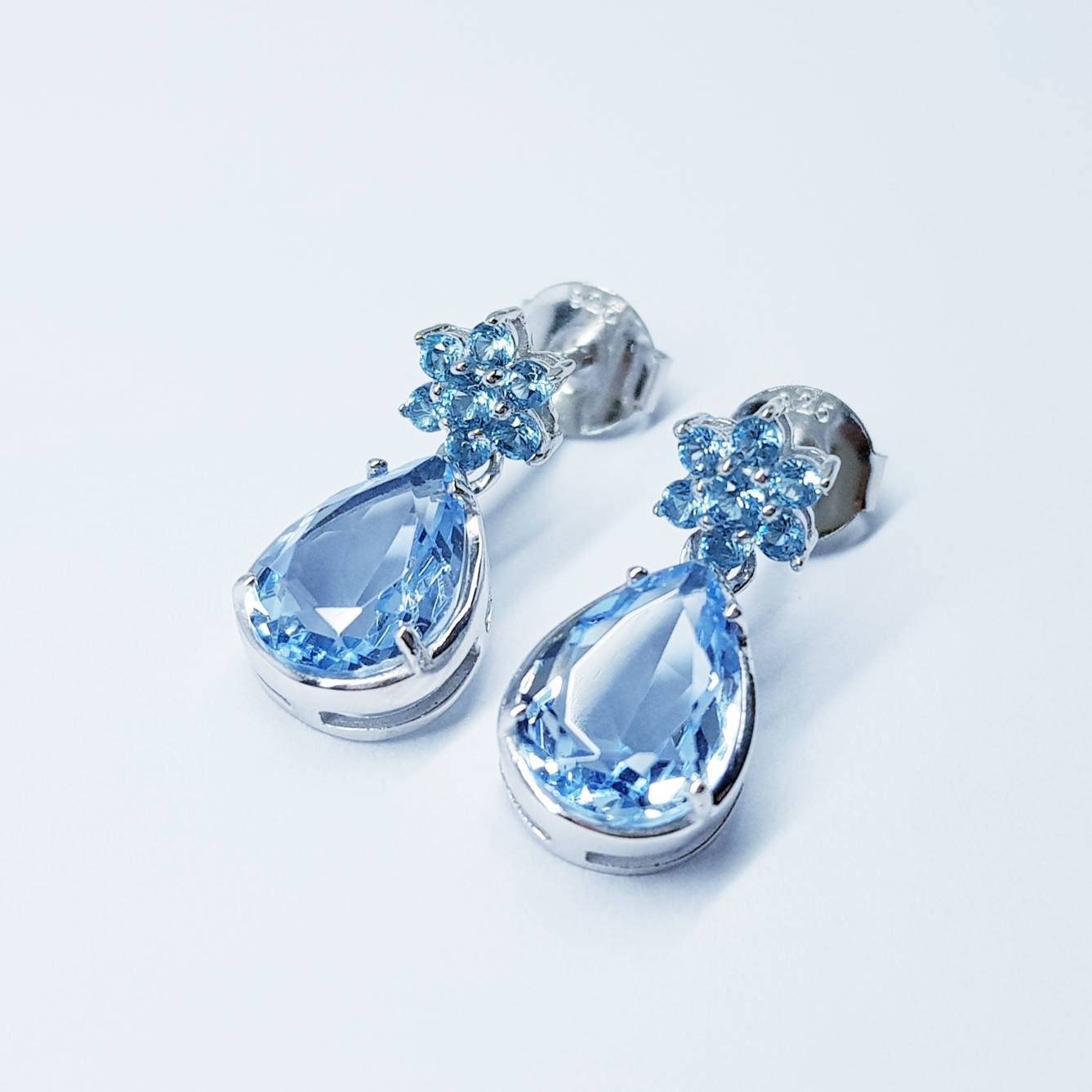 Light blue aquamarine drop earrings, teardrop shape blue studs, march birthstone silver earrings