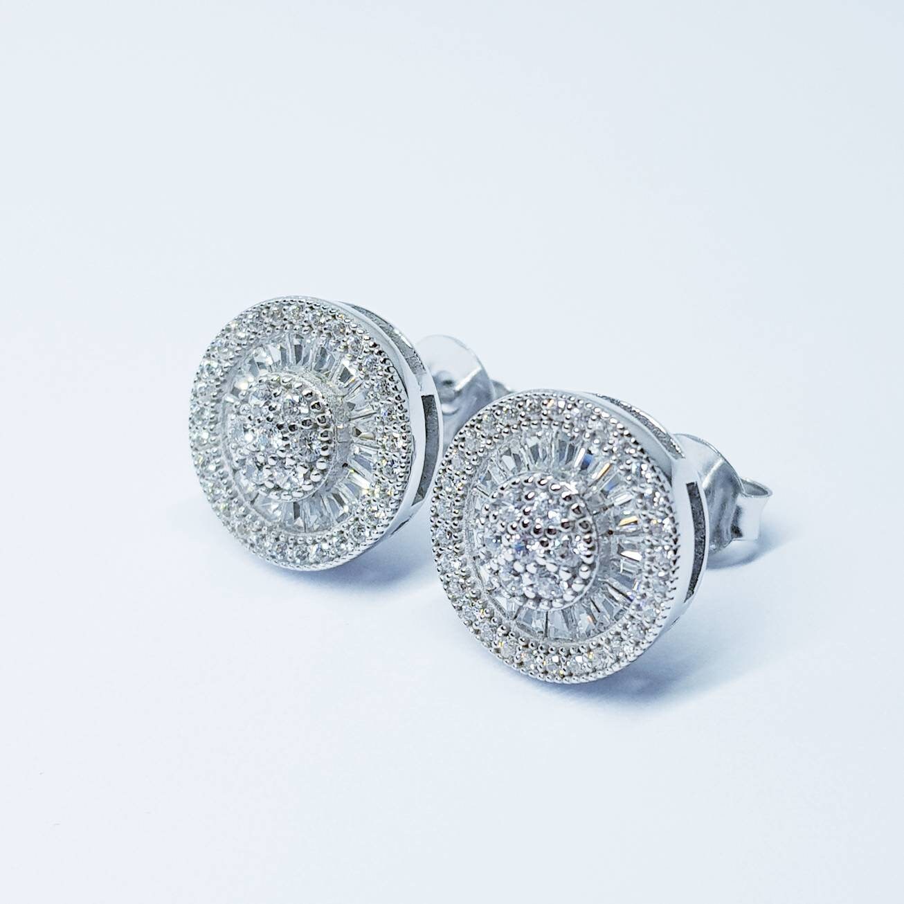 Large stud Earrings, round halo earrings, diamond simulant earrings, Sterling Silver earrings, evening jewelry