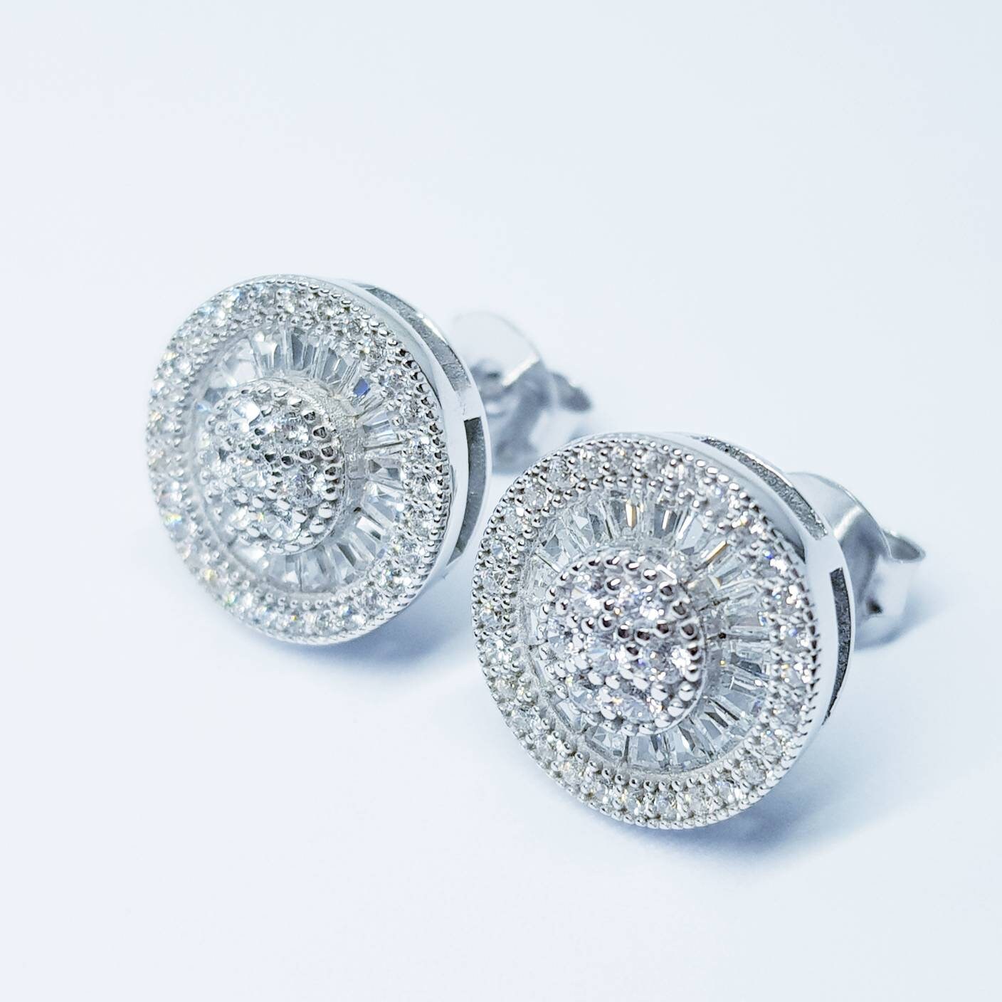 Large stud Earrings, round halo earrings, diamond simulant earrings, Sterling Silver earrings, evening jewelry