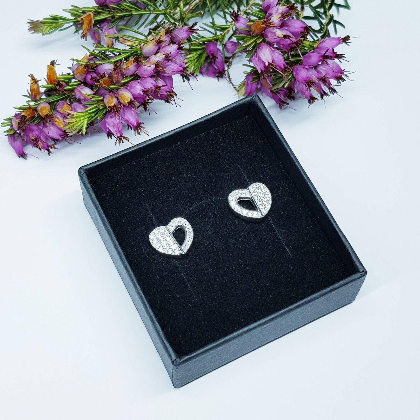 Cute Sterling silver heart shaped stud earrings, second hole heart stud earrings with cz
