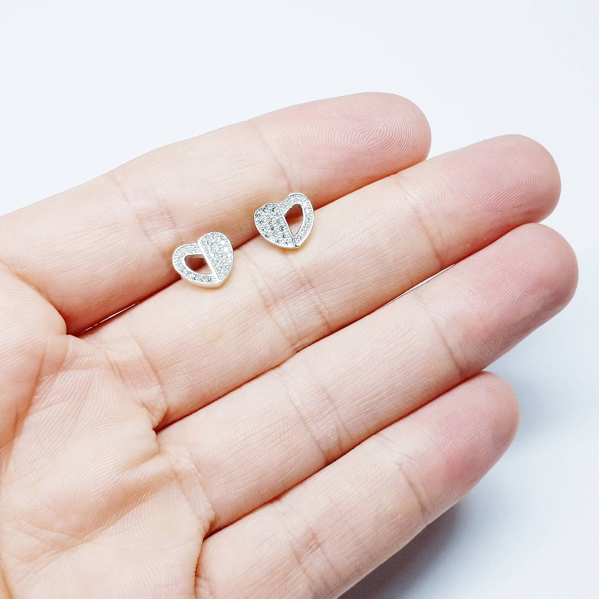 Cute Sterling silver heart shaped stud earrings, second hole heart stud earrings with cz