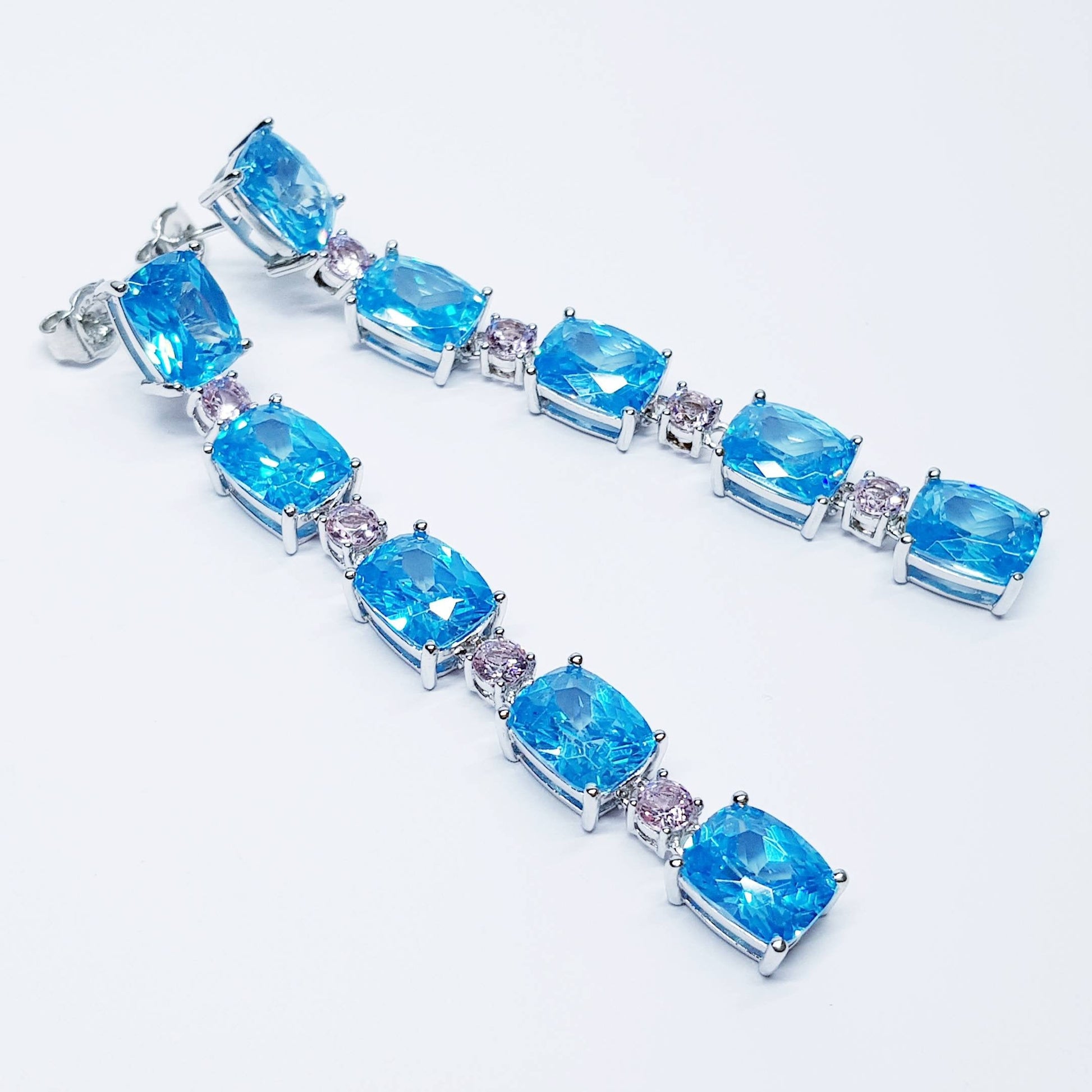 Stunning long, electric blue and pink and drop earrings