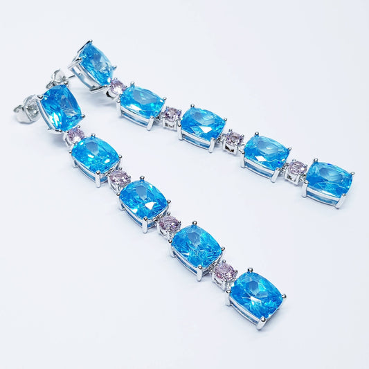Stunning long, electric blue and pink and drop earrings