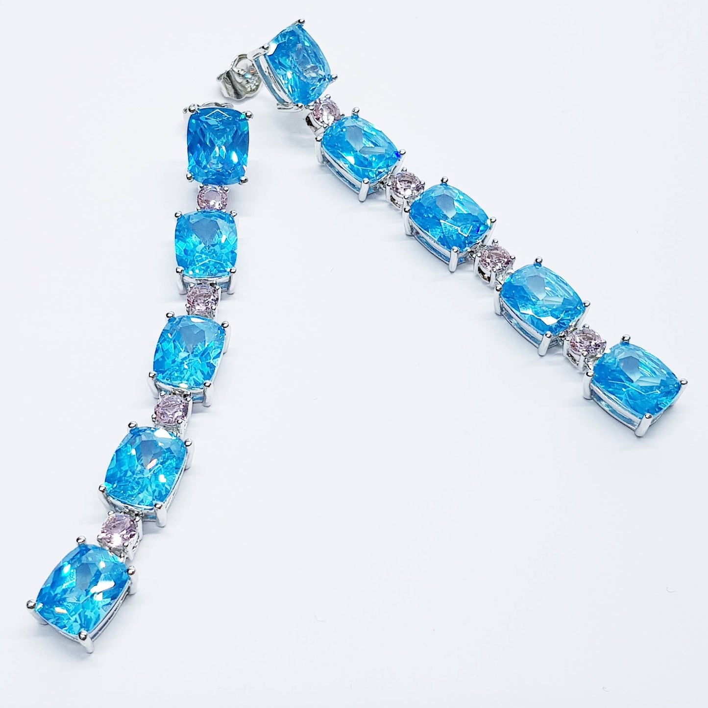 Stunning long, electric blue and pink and drop earrings