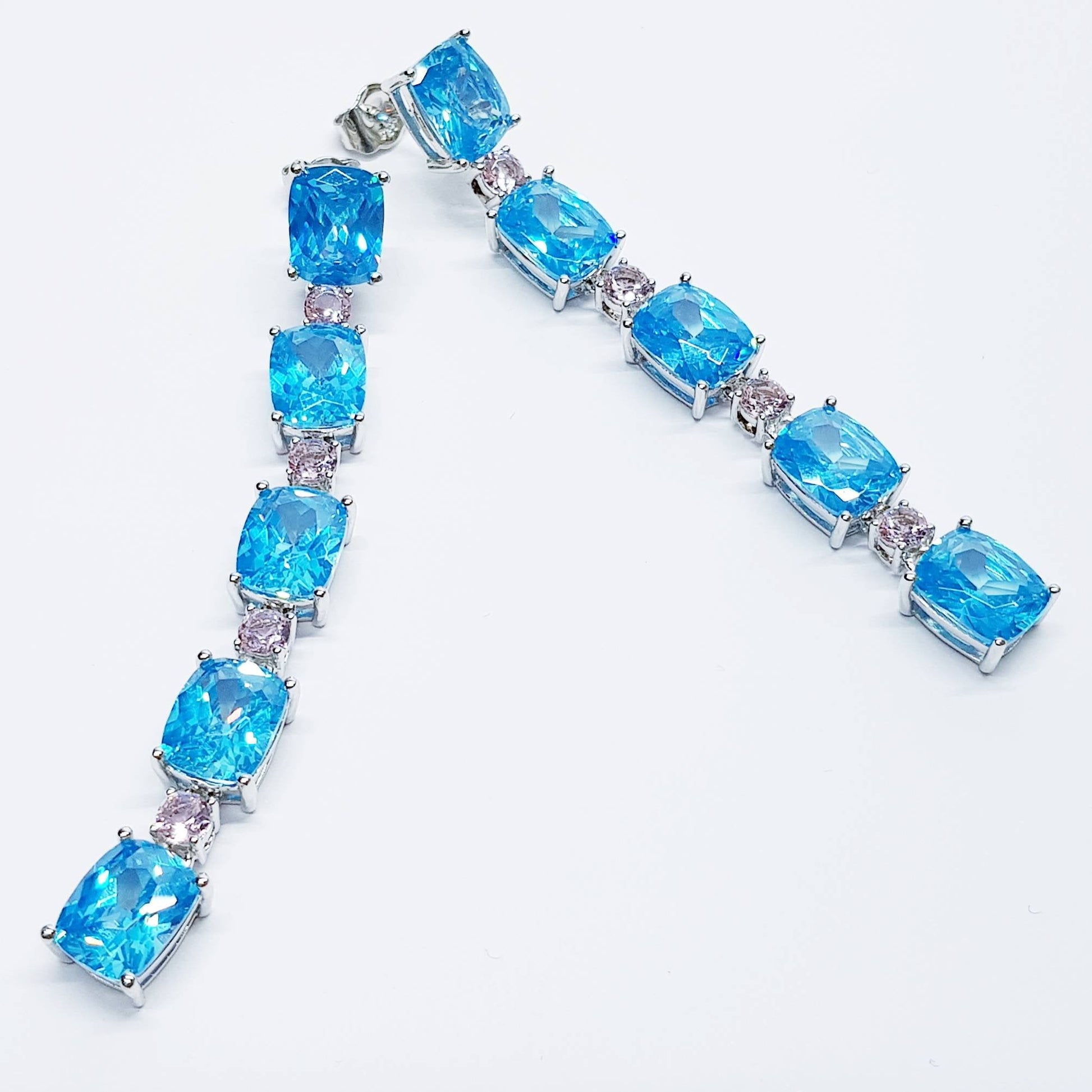 Stunning long, electric blue and pink and drop earrings