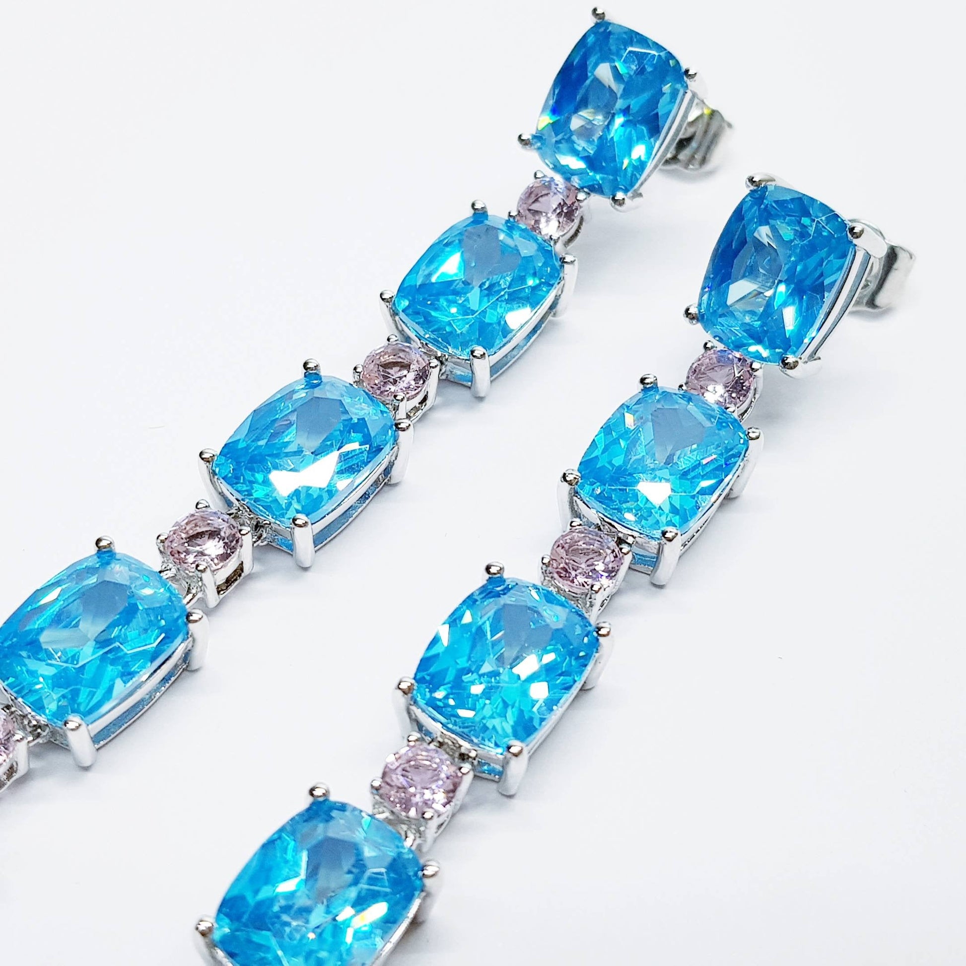 Stunning long, electric blue and pink and drop earrings