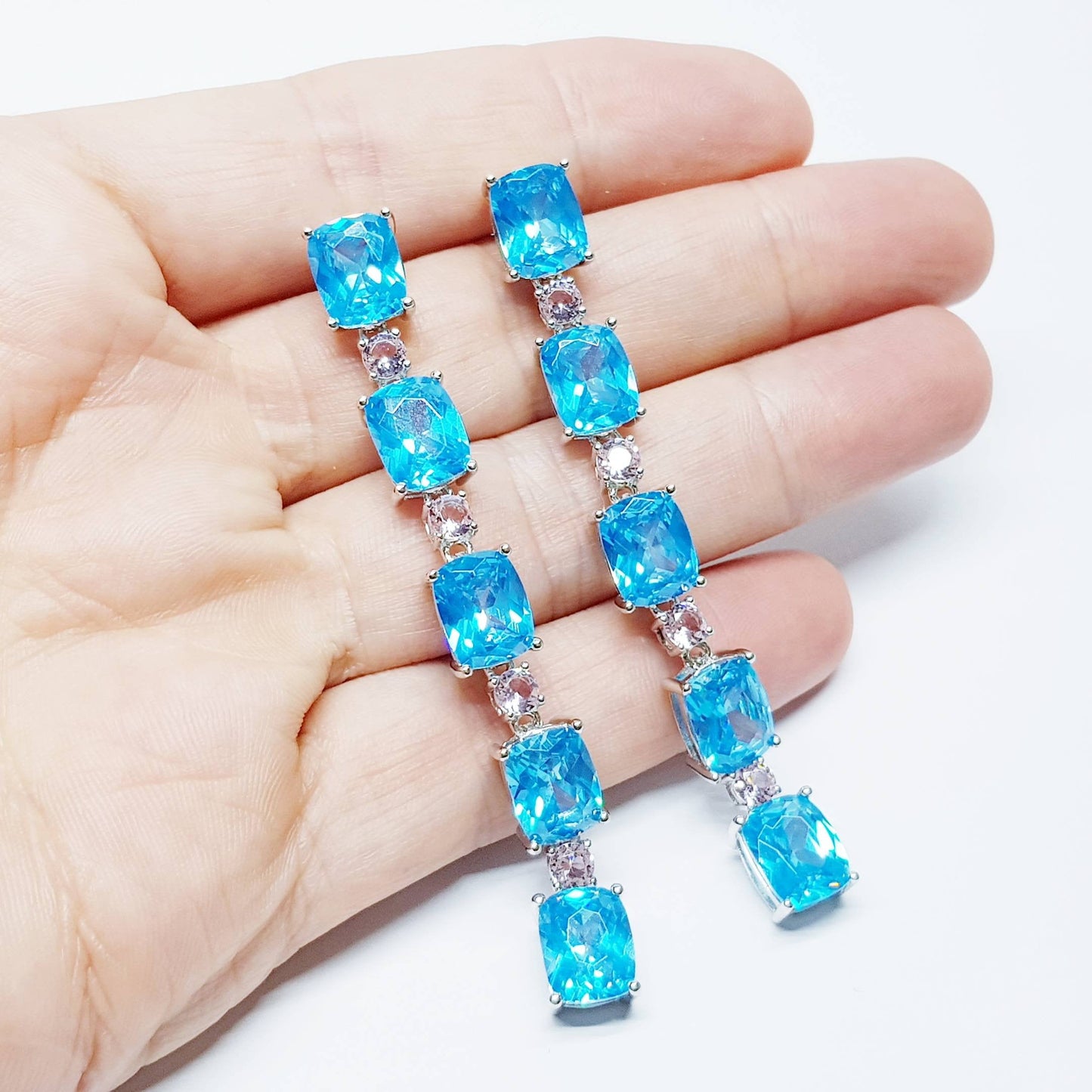 Stunning long, electric blue and pink and drop earrings