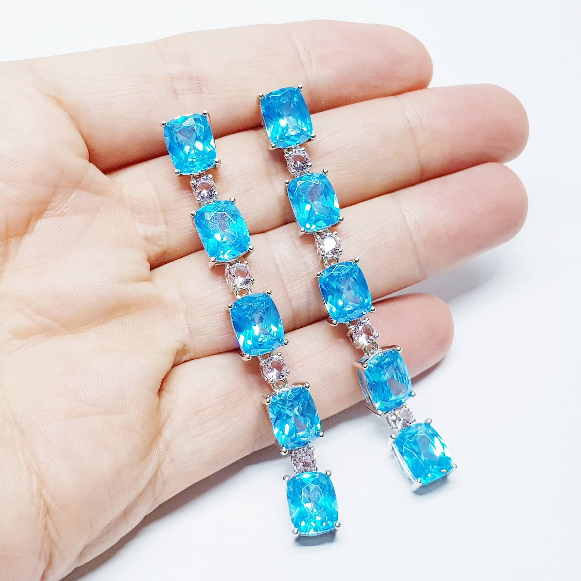 Stunning long, electric blue and pink and drop earrings
