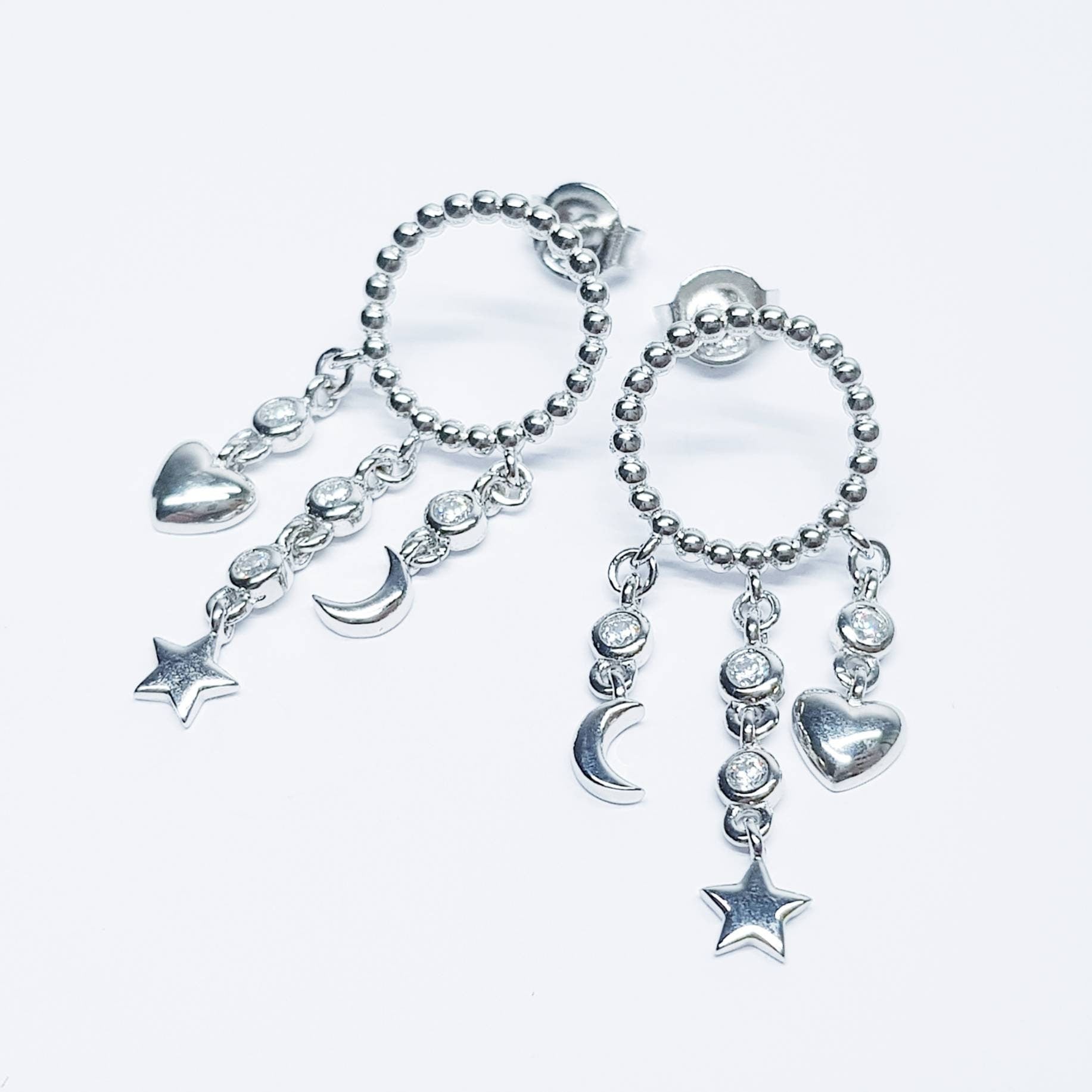 Sterling Silver drop earrings with moon, star and heart charm