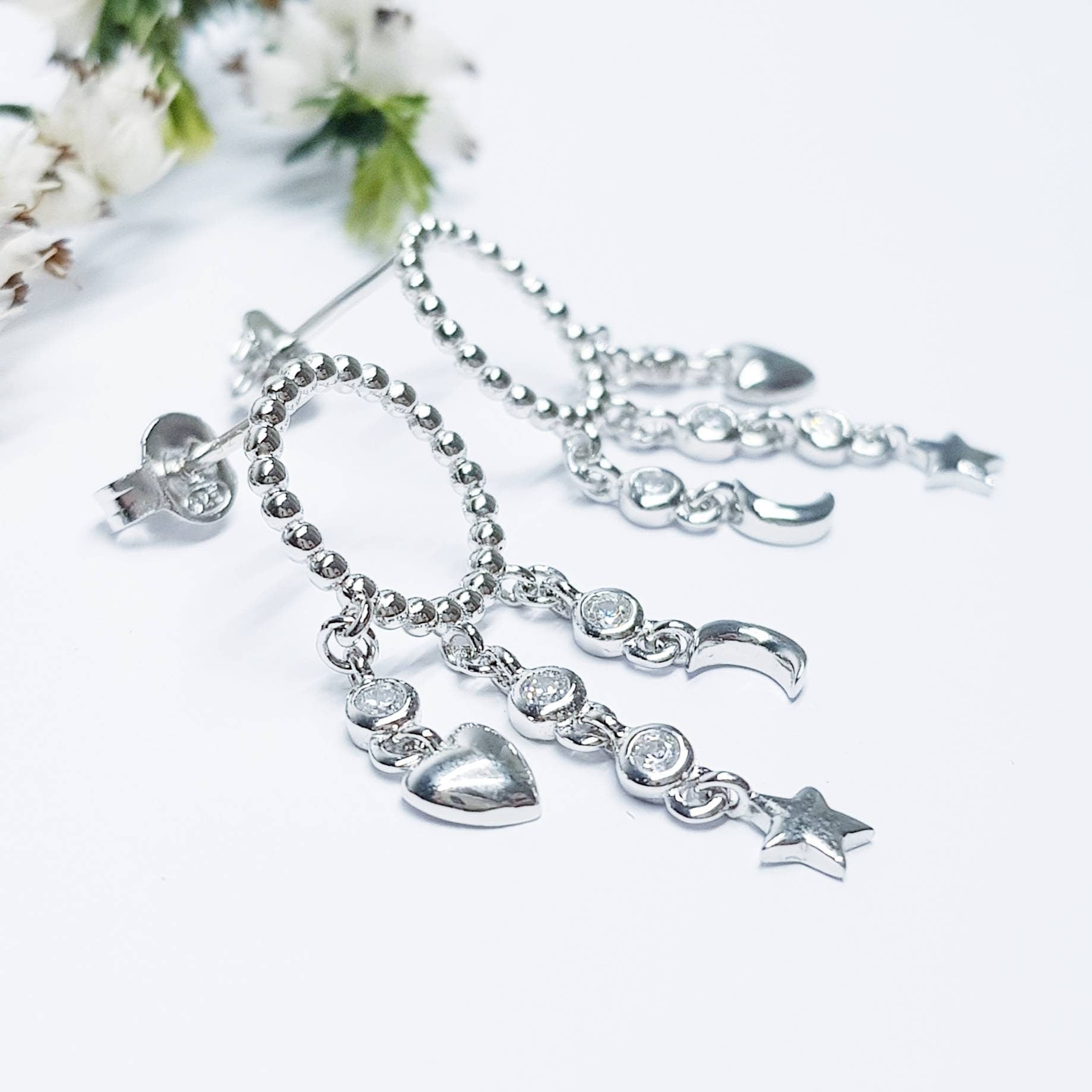 Sterling Silver drop earrings with moon, star and heart charm