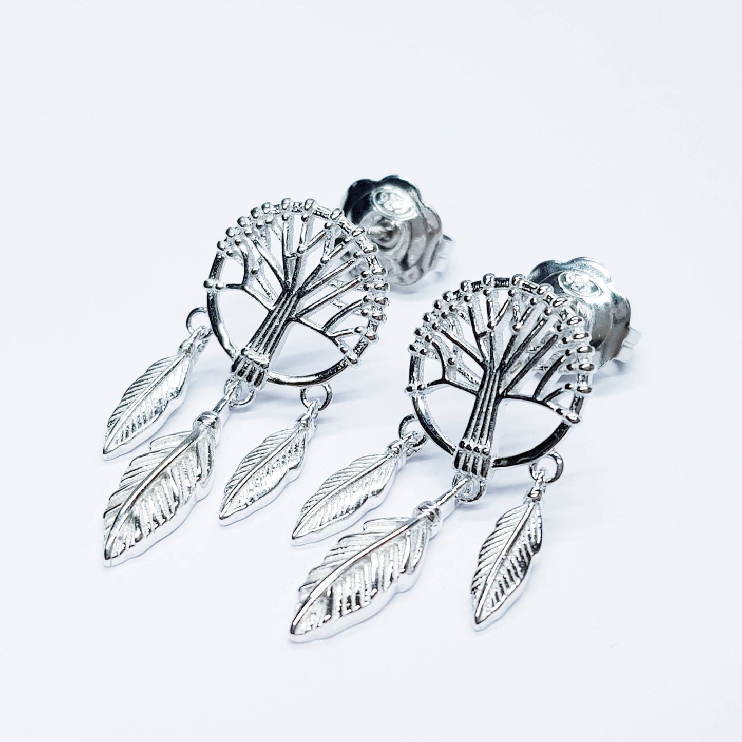 Sterling Silver drop earrings with tree of life and feathers
