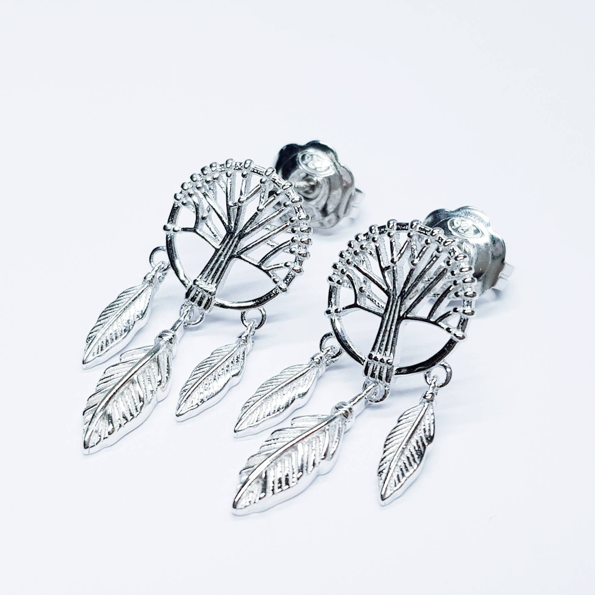 Sterling Silver drop earrings with tree of life and feathers
