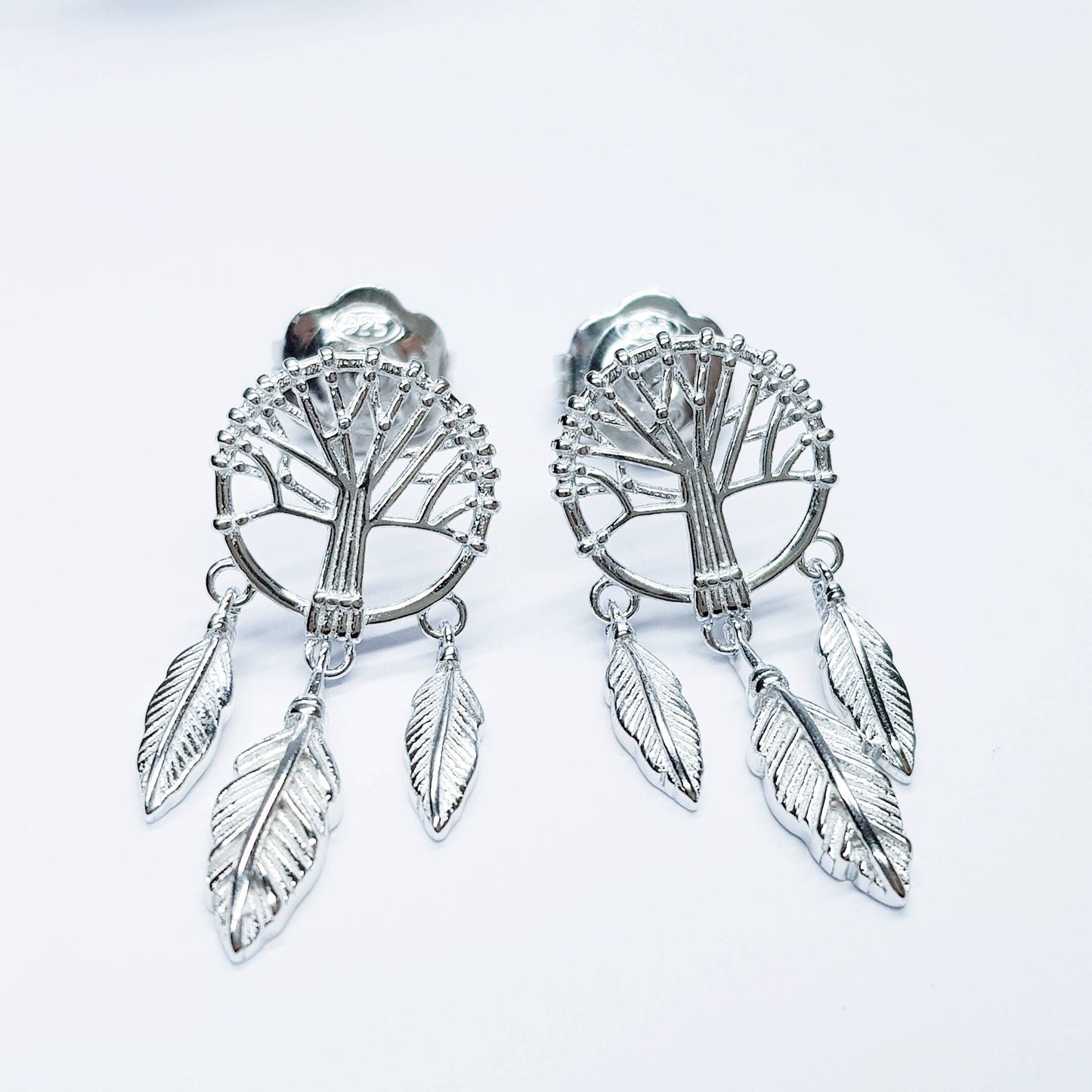 Sterling Silver drop earrings with tree of life and feathers