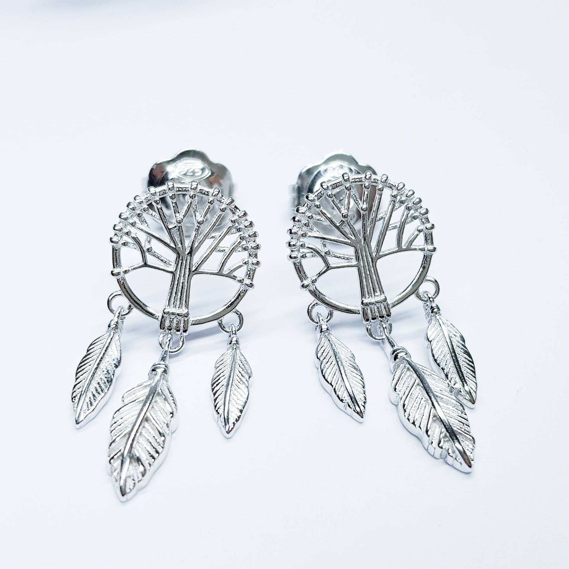 Sterling Silver drop earrings with tree of life and feathers