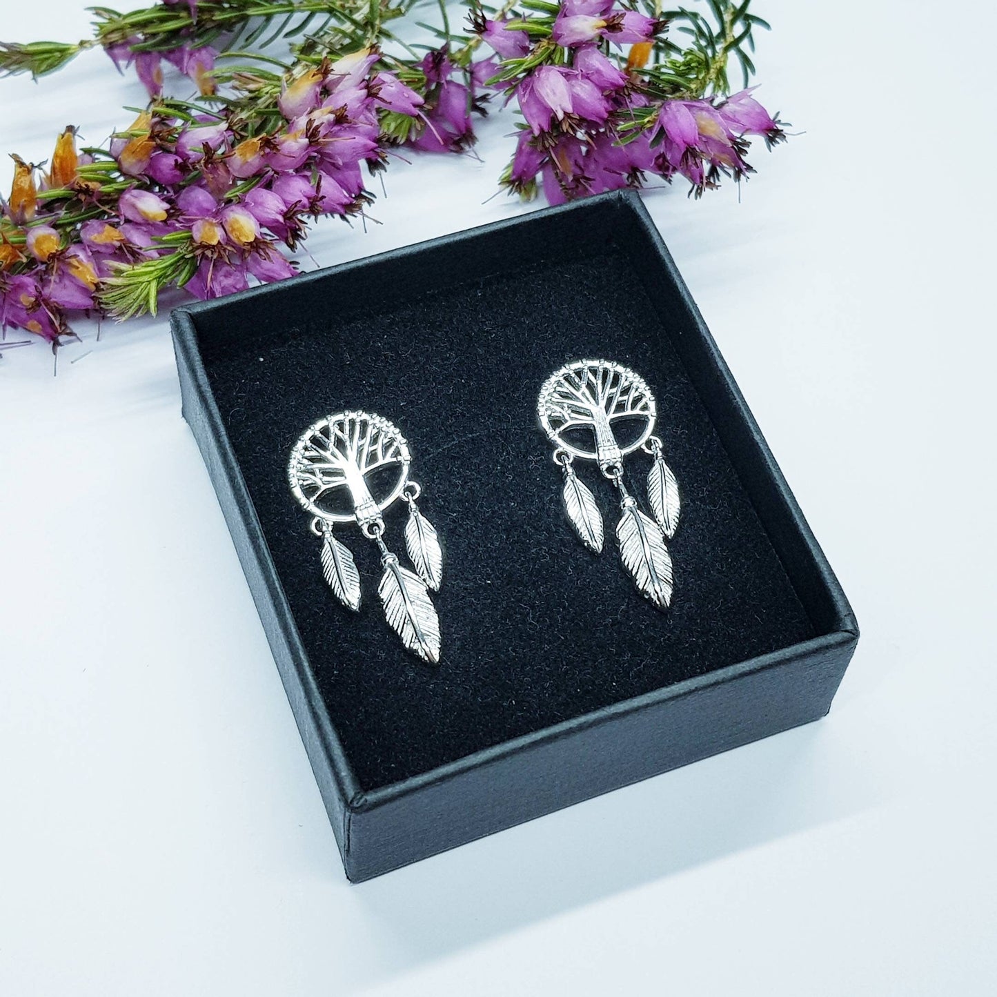 Sterling Silver drop earrings with tree of life and feathers