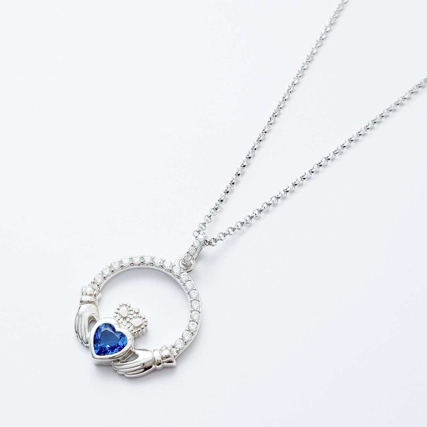 Sterling Silver Claddagh pendant, sapphire blue Claddagh necklace from Ireland
