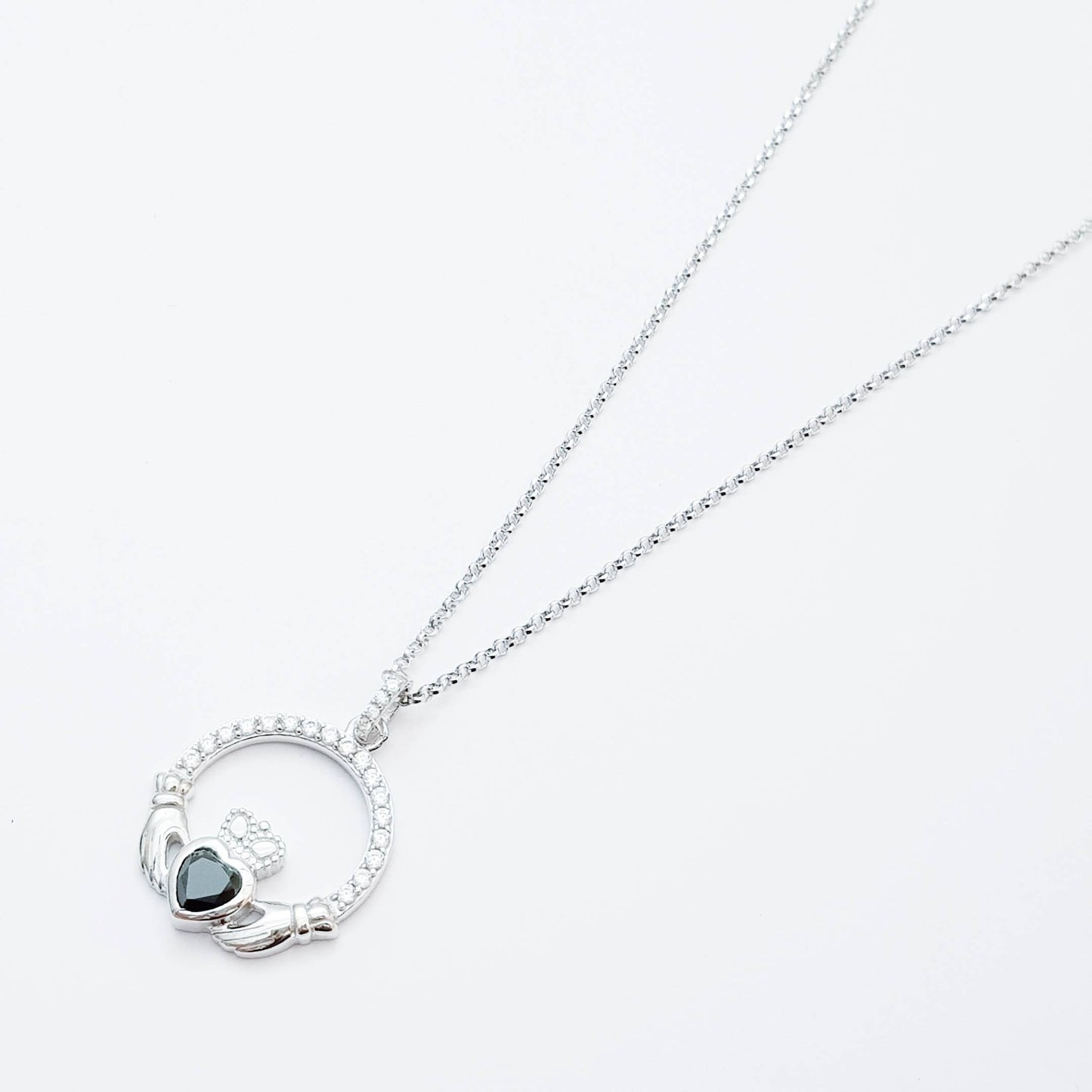 Silver Claddagh pendant, black stone Claddagh necklace from Ireland