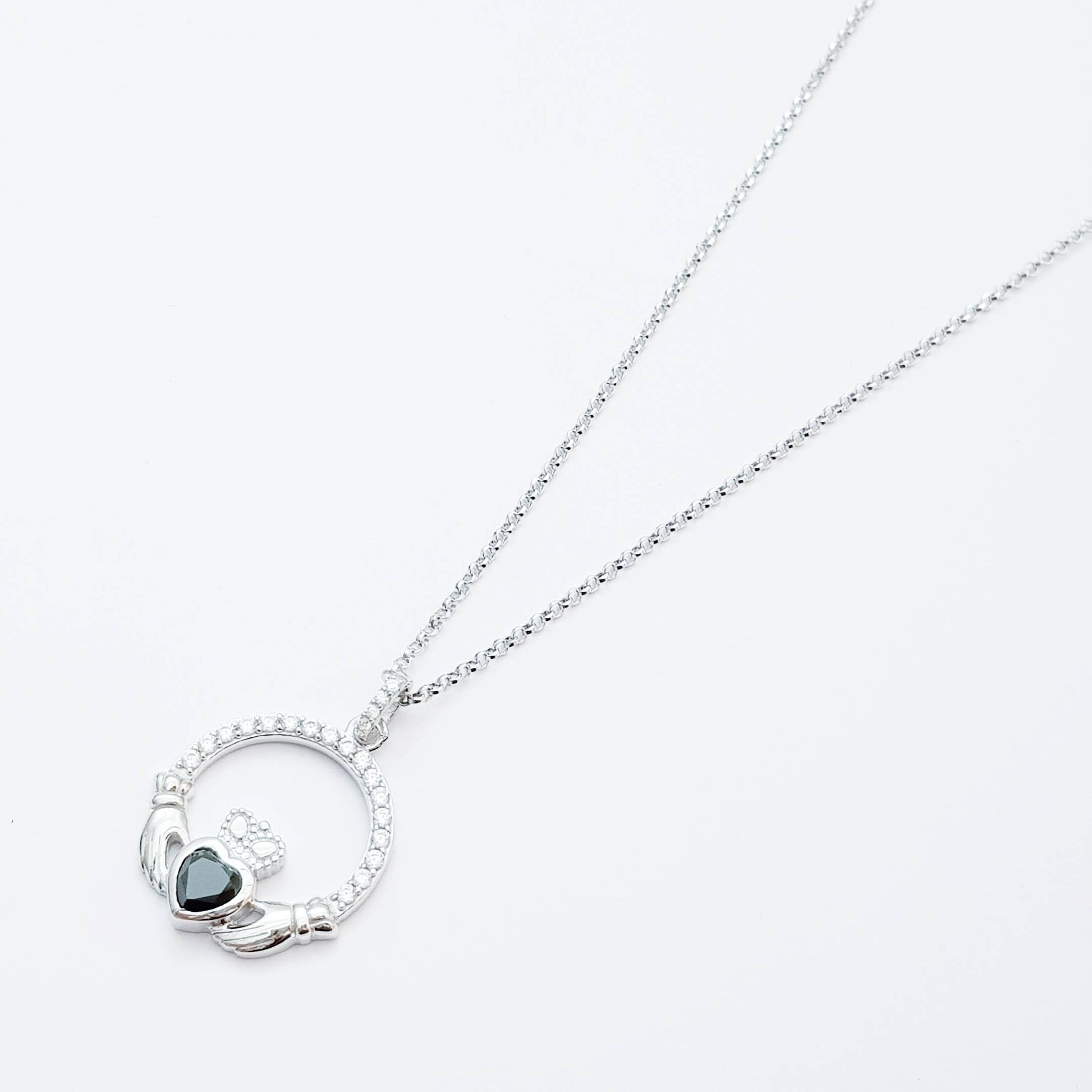 Silver Claddagh pendant, black stone Claddagh necklace  from Ireland