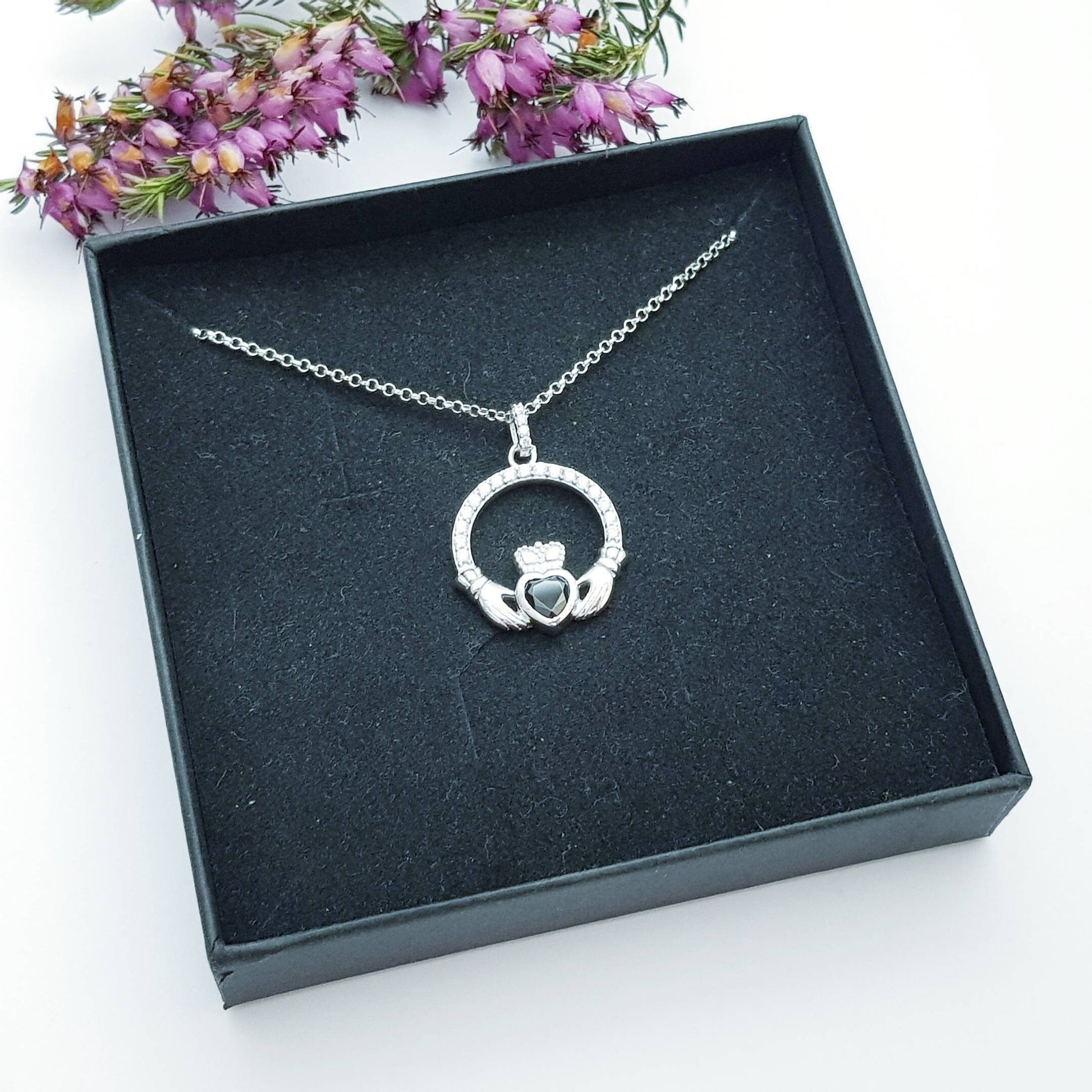 Silver Claddagh pendant, black stone Claddagh necklace  from Ireland