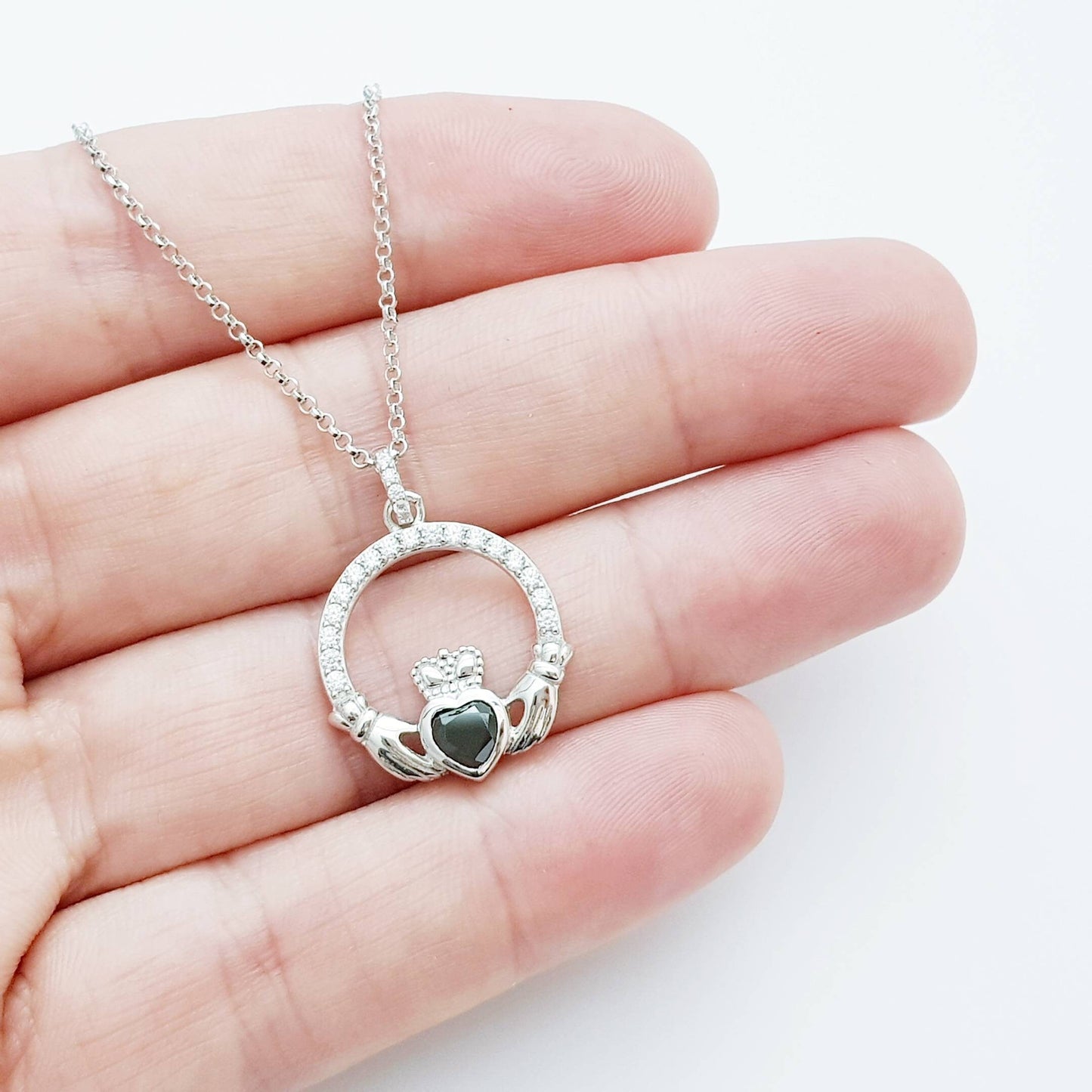 Silver Claddagh pendant, black stone Claddagh necklace from Ireland