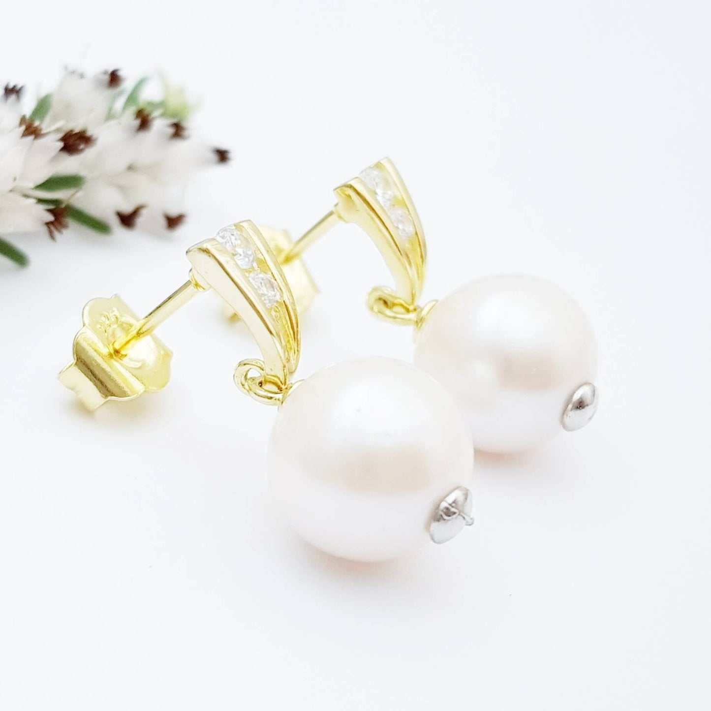 Gold plated sterling drop pearl earrings with freshwater pearl