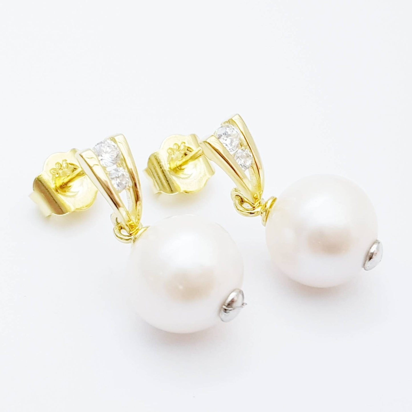 Gold plated sterling drop pearl earrings with freshwater pearl