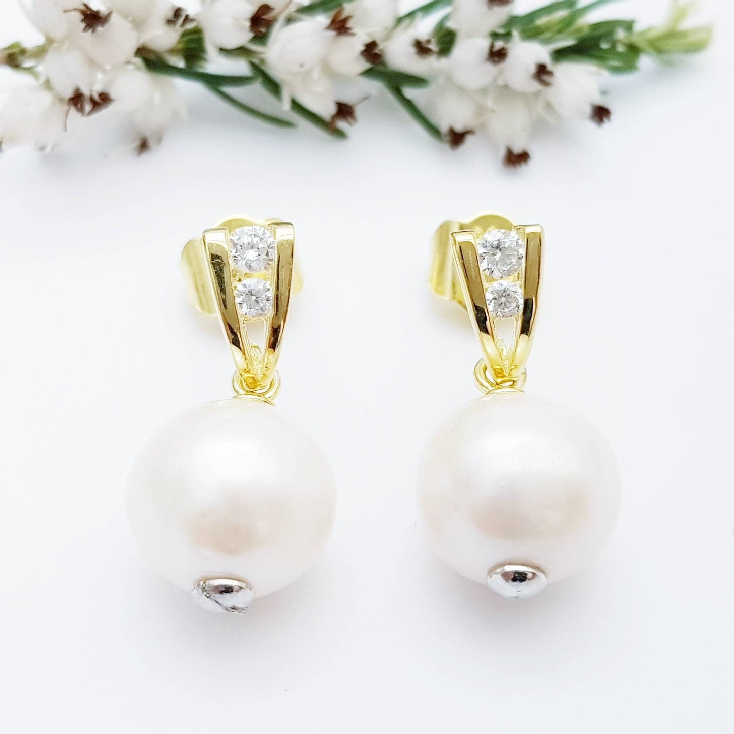 Gold plated sterling drop pearl earrings with freshwater pearl