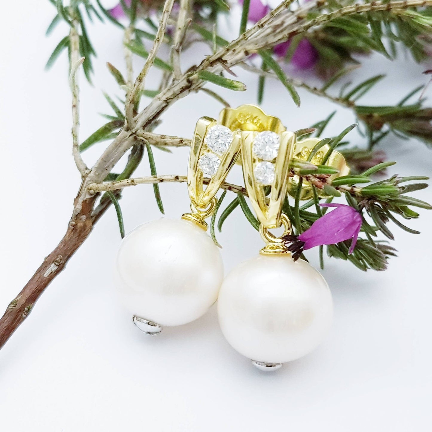 Gold plated sterling drop pearl earrings with freshwater pearl