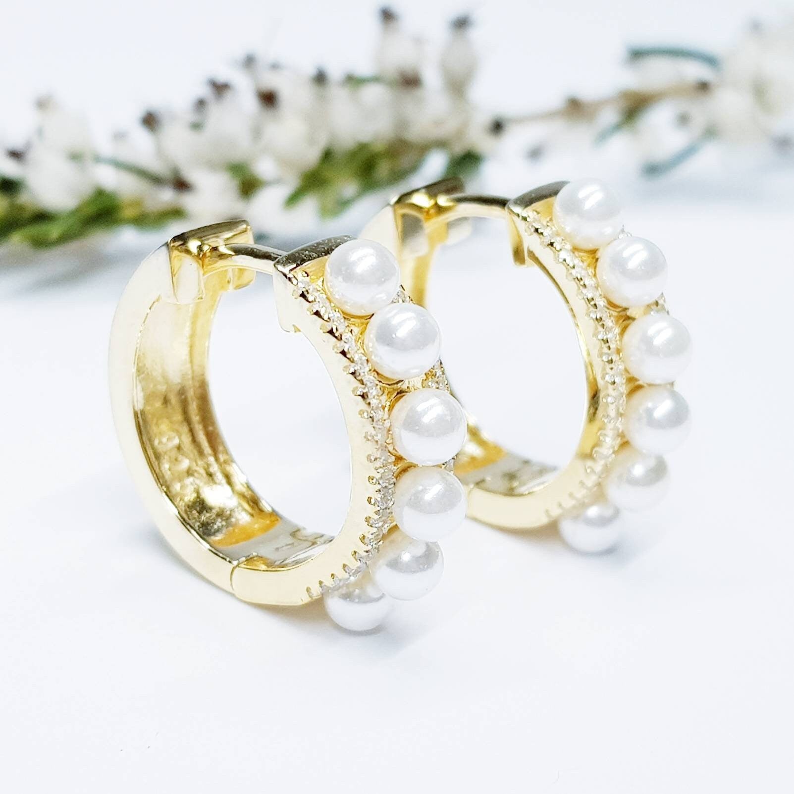 Vintage gold plated sterling silver hoop earrings with shell