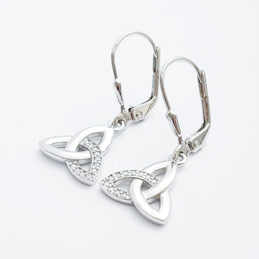Drop and dangle Celtic knot Earrings, Celtic lever back, silver trinity knot earrings