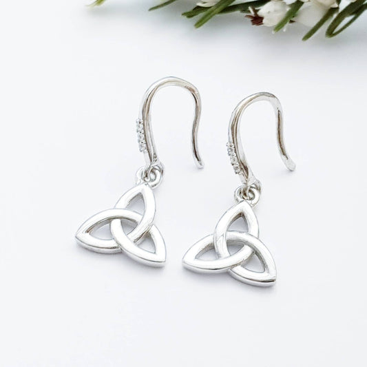 Minimal Celtic drop Earrings, trinity knot French wire earrings, small silver Celtic earrings