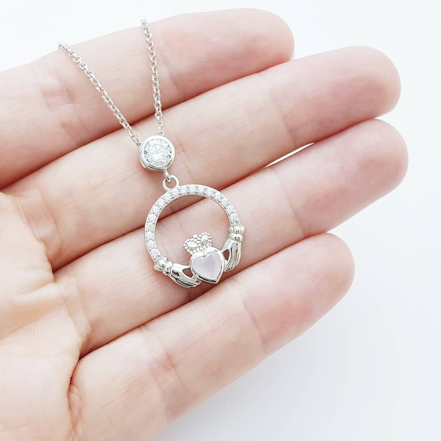 Sterling Silver Claddagh pendant, claddagh necklace, Pink Claddagh chain from Ireland