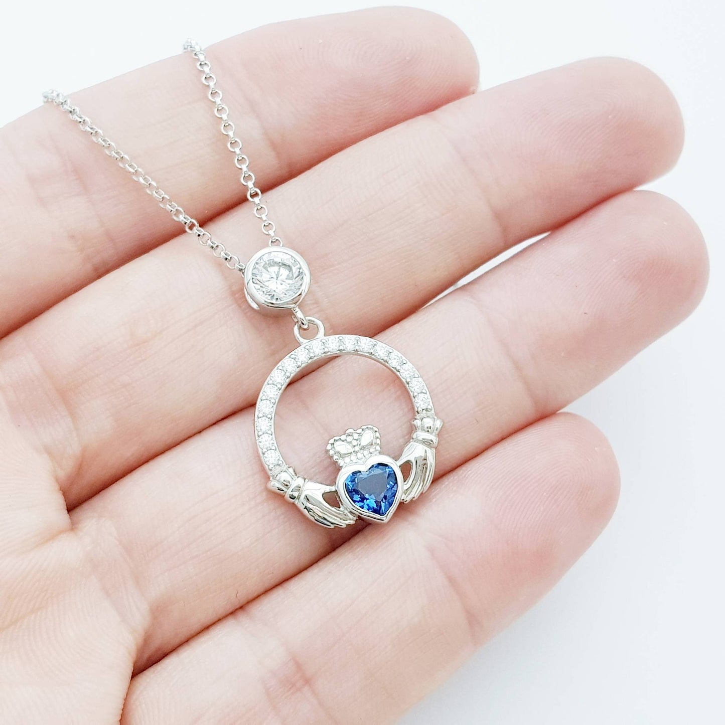 Sterling Silver Claddagh pendant, sapphire blue Claddagh necklace from Ireland