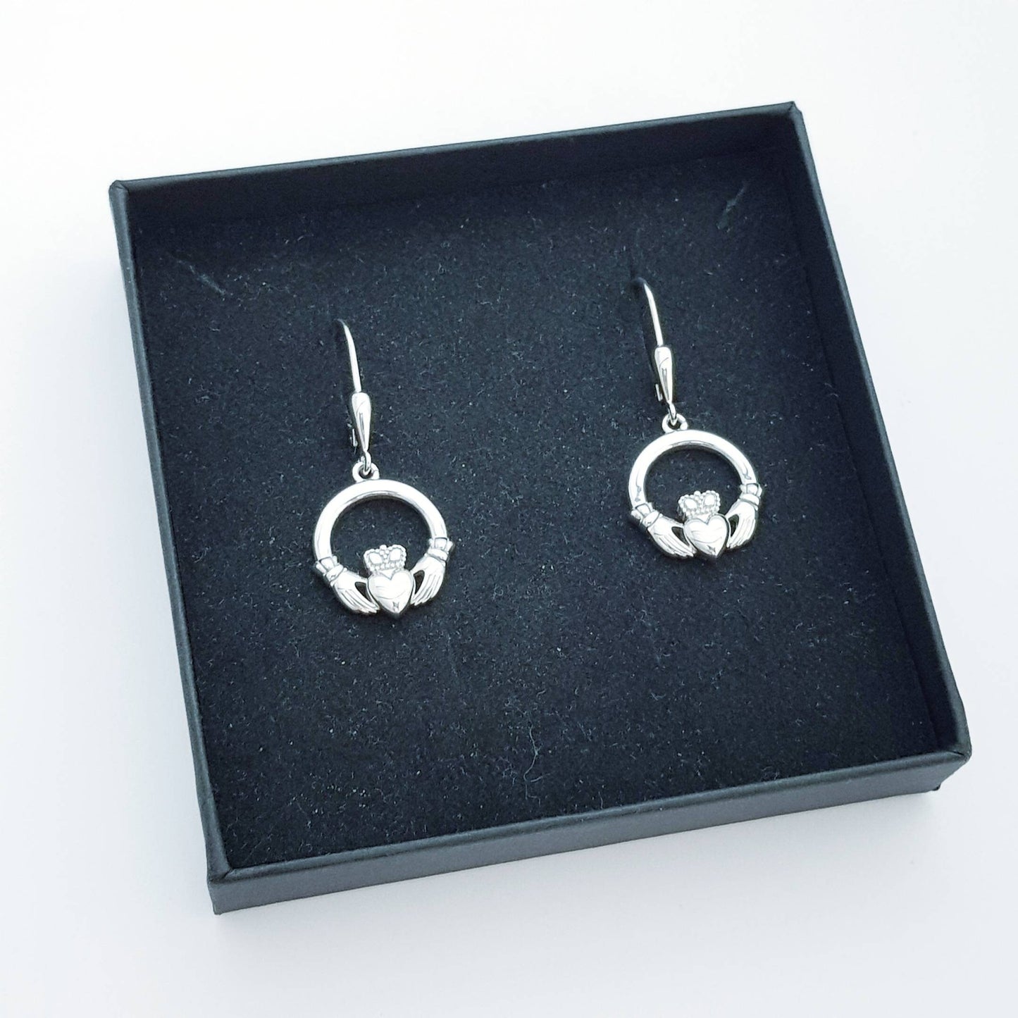 Claddagh Earrings, Silver Claddagh Earrings, lever back drop Earrings