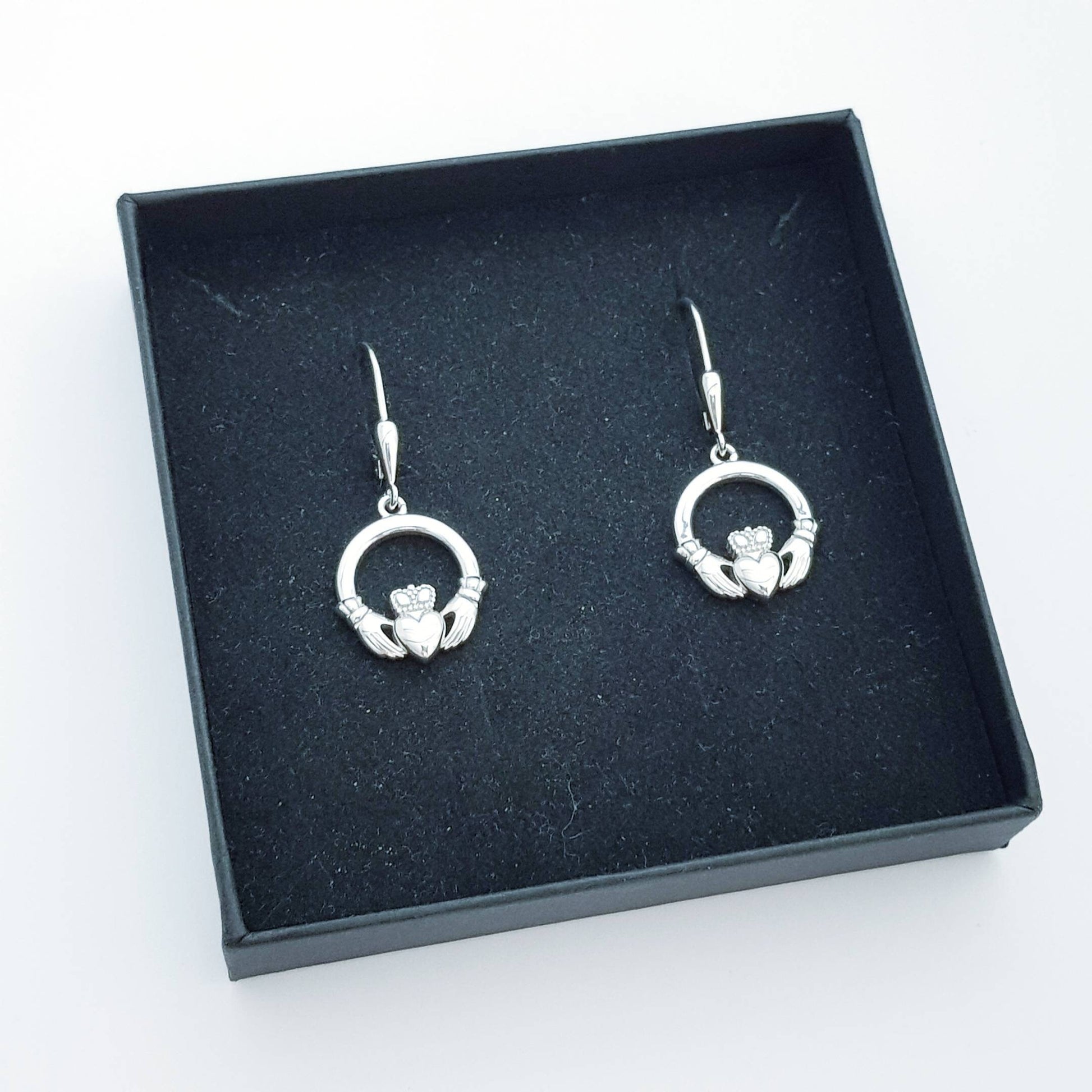 Claddagh Earrings, Silver Claddagh Earrings, lever back drop Earrings