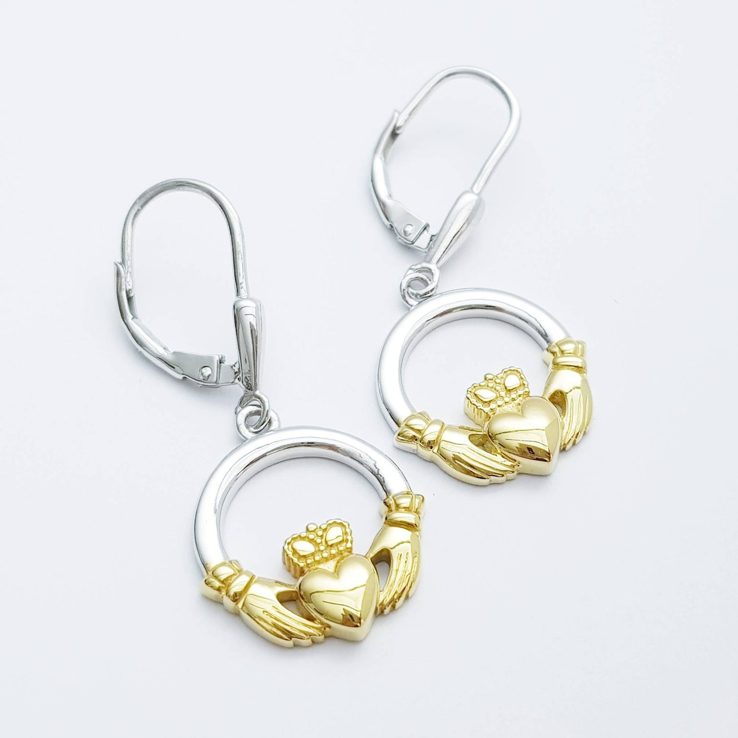 Silver & Gold Claddagh Earrings, Claddagh drop Earrings