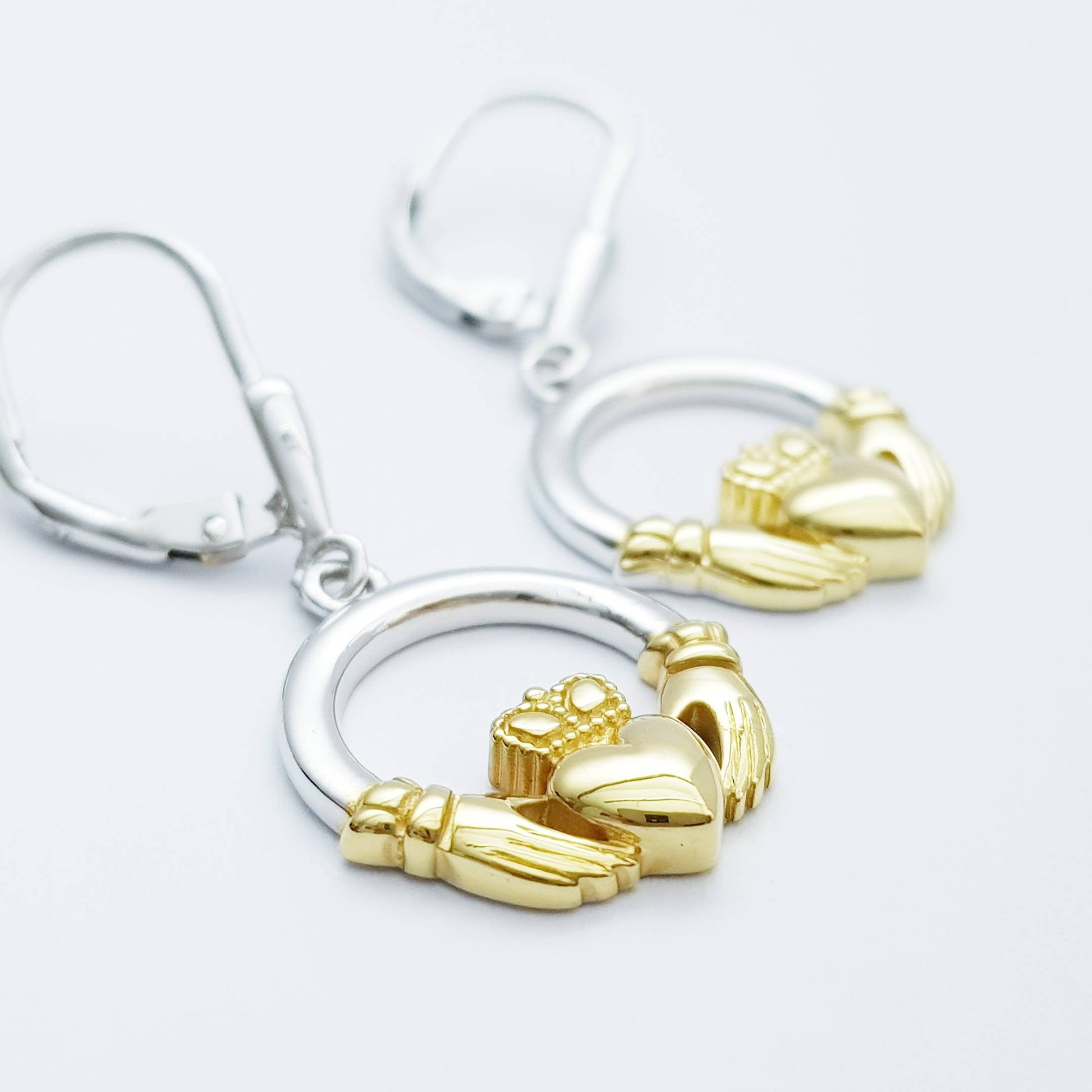 Silver & Gold Claddagh Earrings, Claddagh drop Earrings