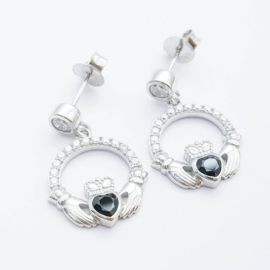 Silver claddagh drop earrings with black stone heart