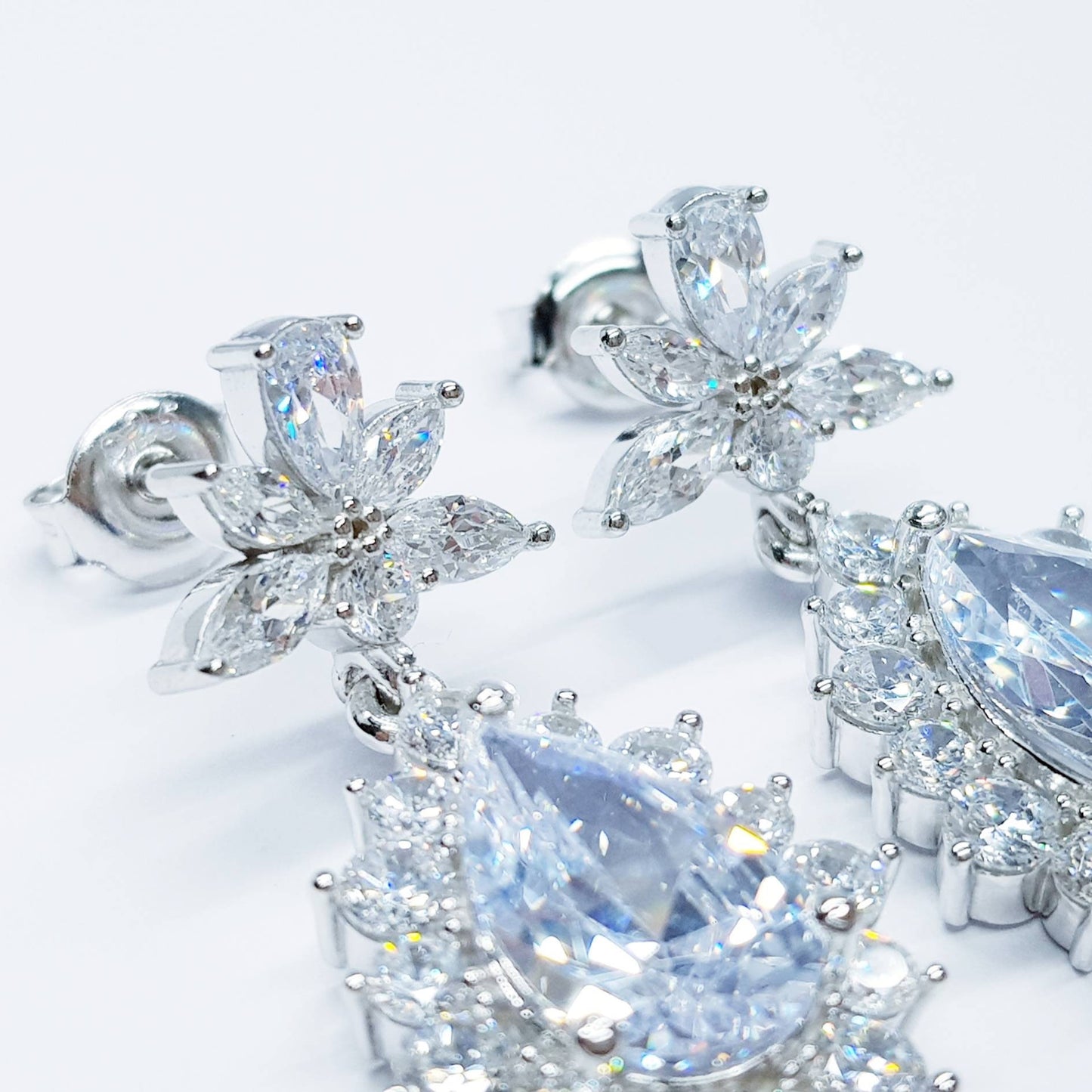 Bridal Diamond Earrings, chandelier Earrings, long teardrop Earrings, marquis and pear shaped stones