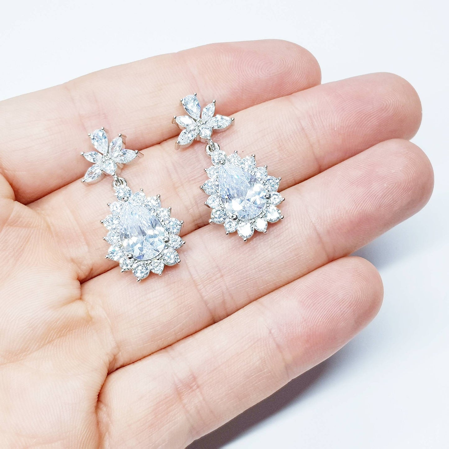 Bridal Diamond Earrings, chandelier Earrings, long teardrop Earrings, marquis and pear shaped stones