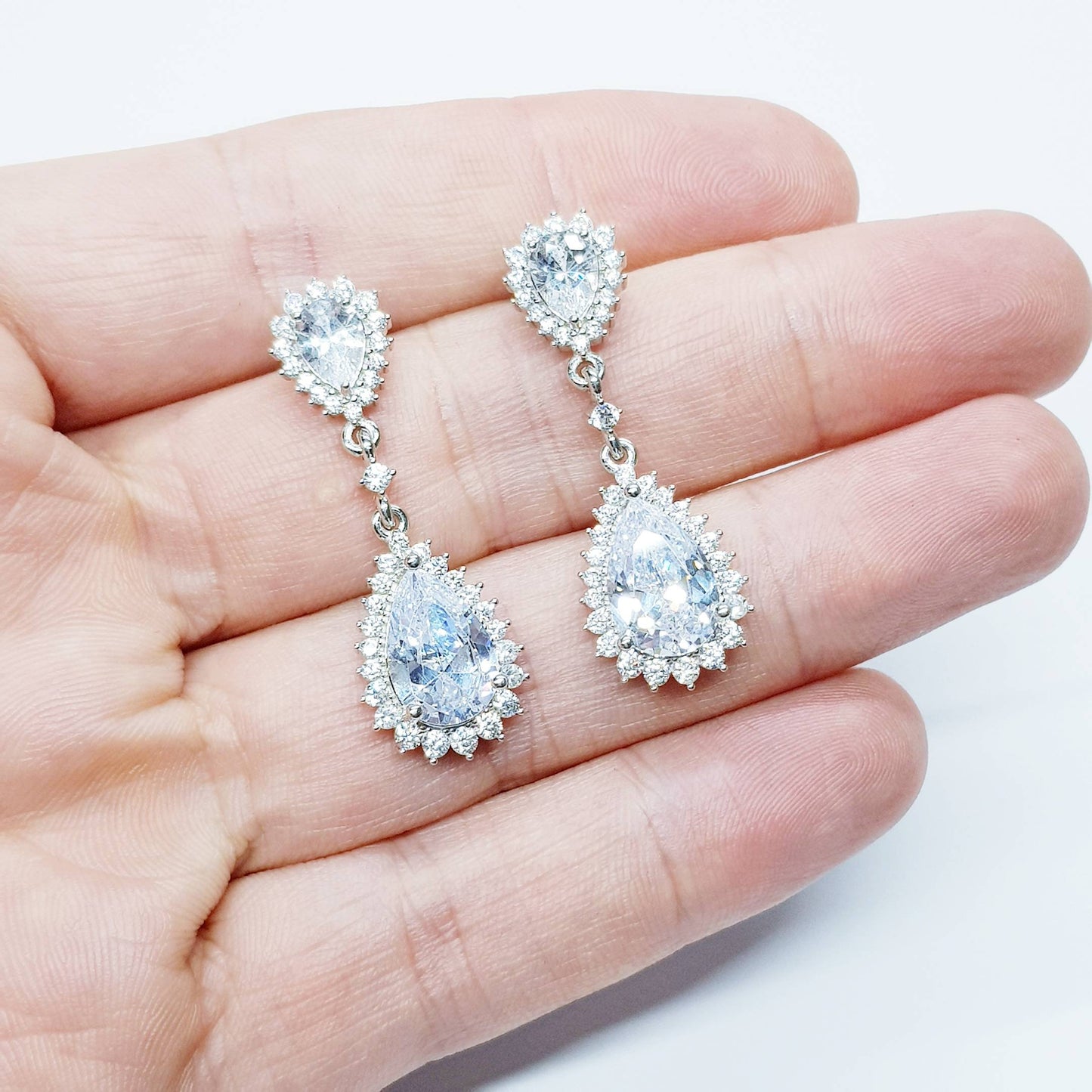 Long teardrop faux Diamond Earrings set in sterling silver
