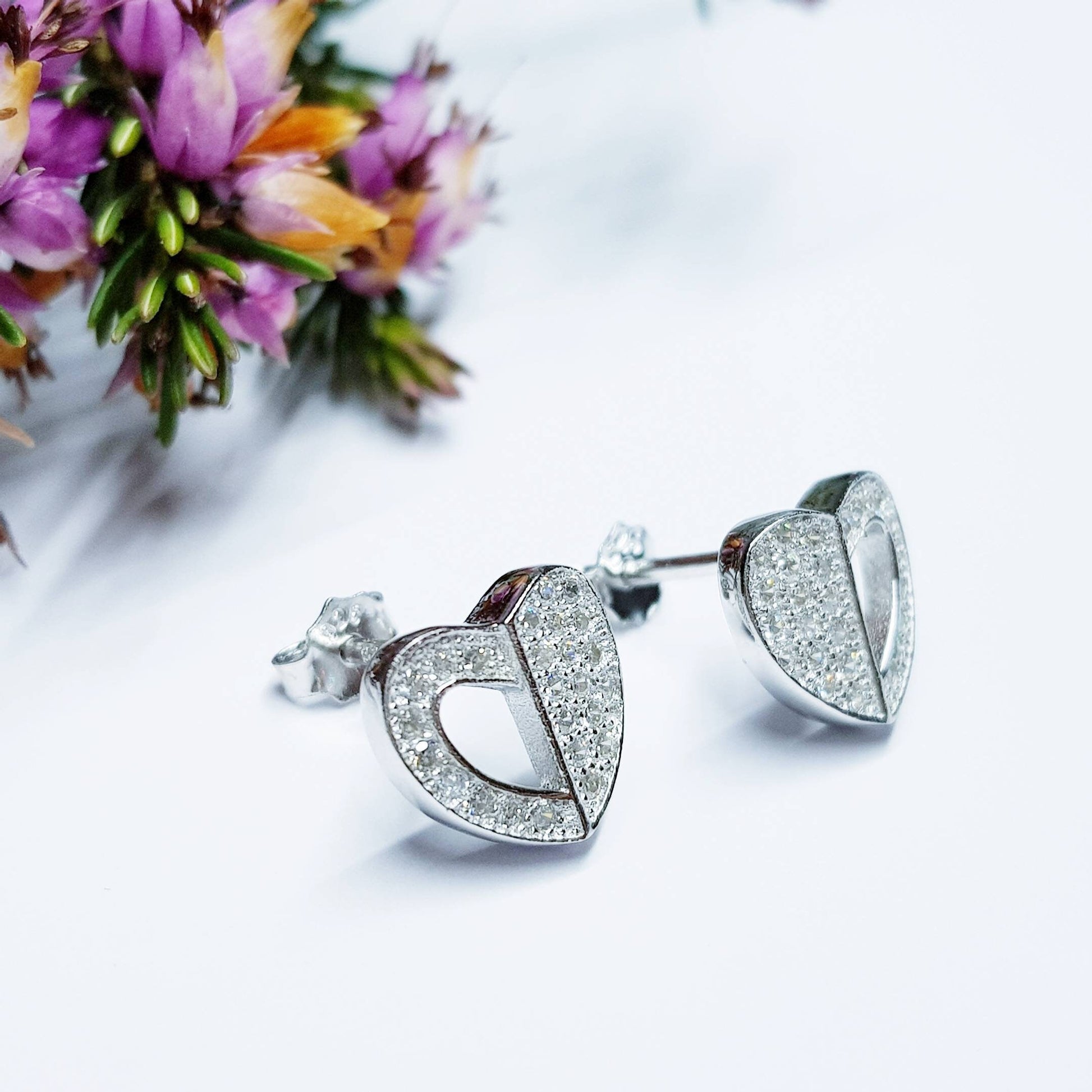 Cute Sterling silver heart shaped stud earrings, second hole heart stud earrings with cz