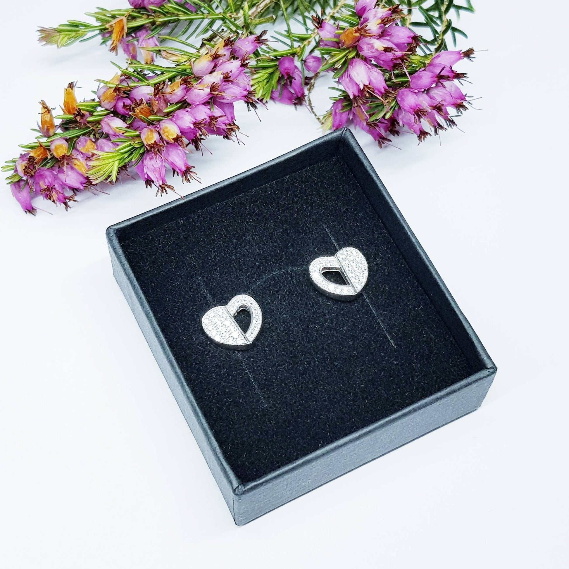 Cute Sterling silver heart shaped stud earrings, second hole heart stud earrings with cz