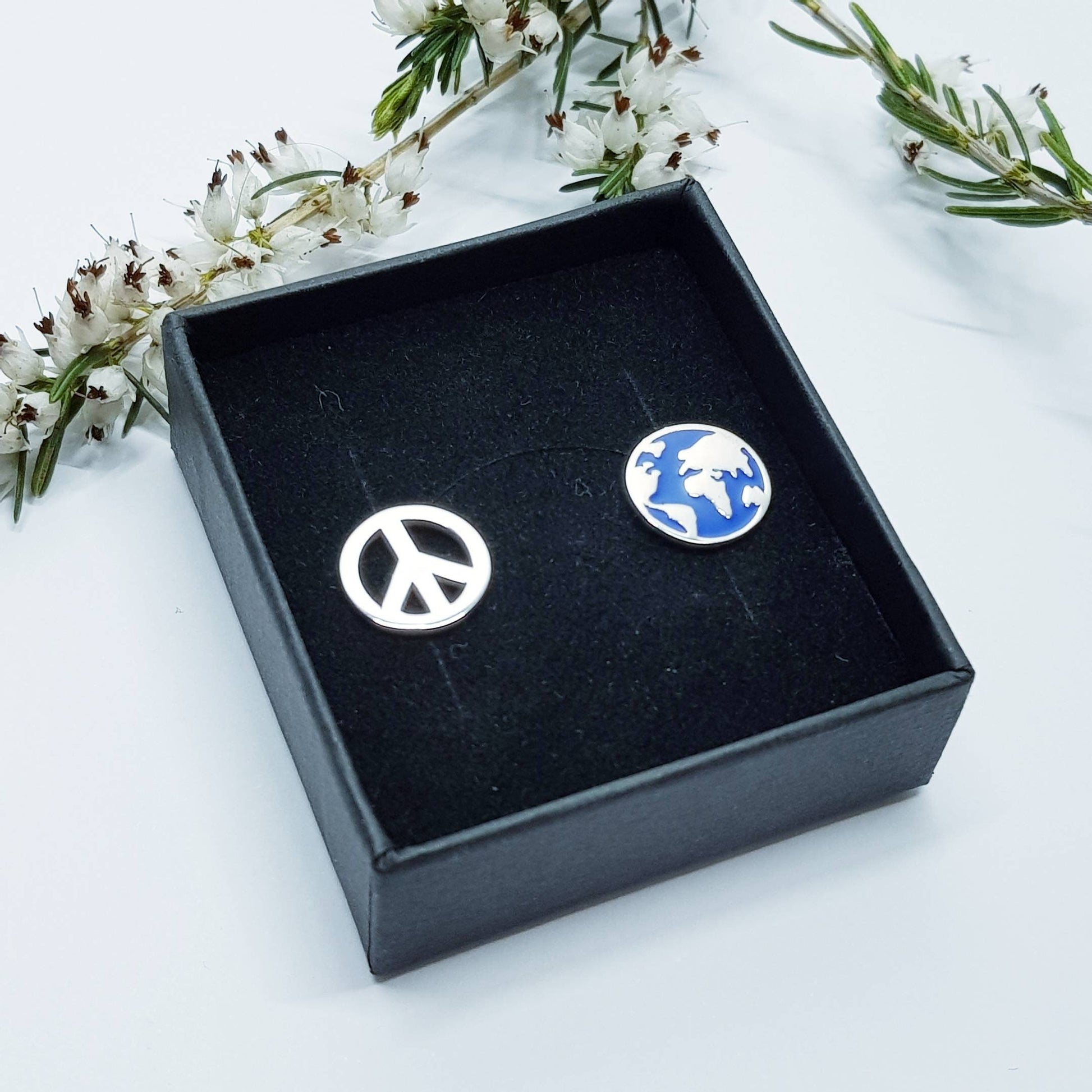 World peace sterling silver stud earrings, wanderlust earrings, globe studs, peace earrings