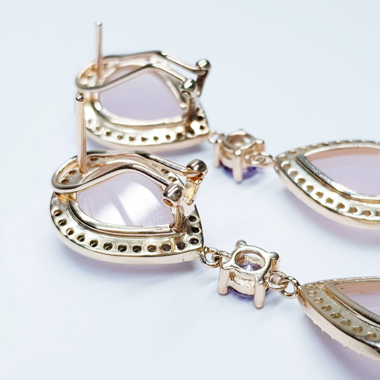 Light pink and lavender teardrop shaped earrings plated in rose gold