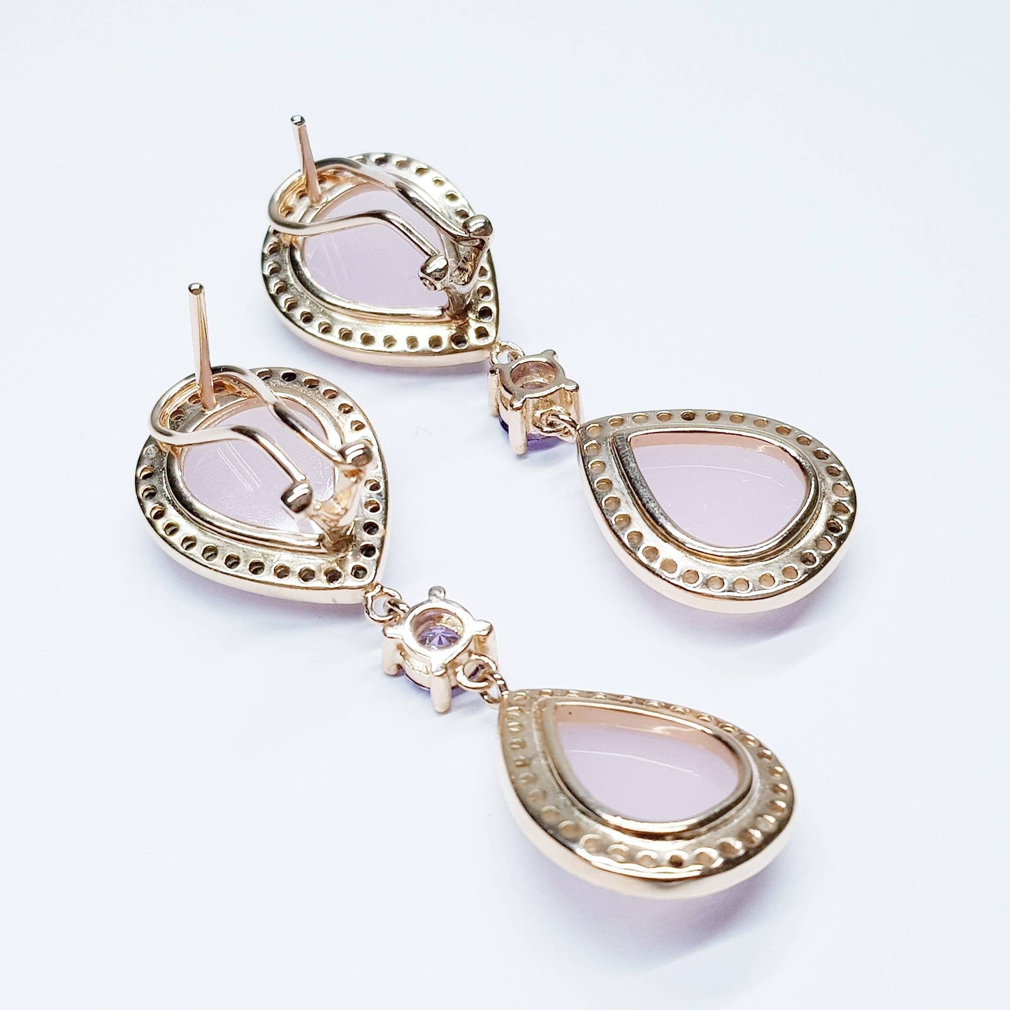 Light pink and lavender teardrop shaped earrings plated in rose gold