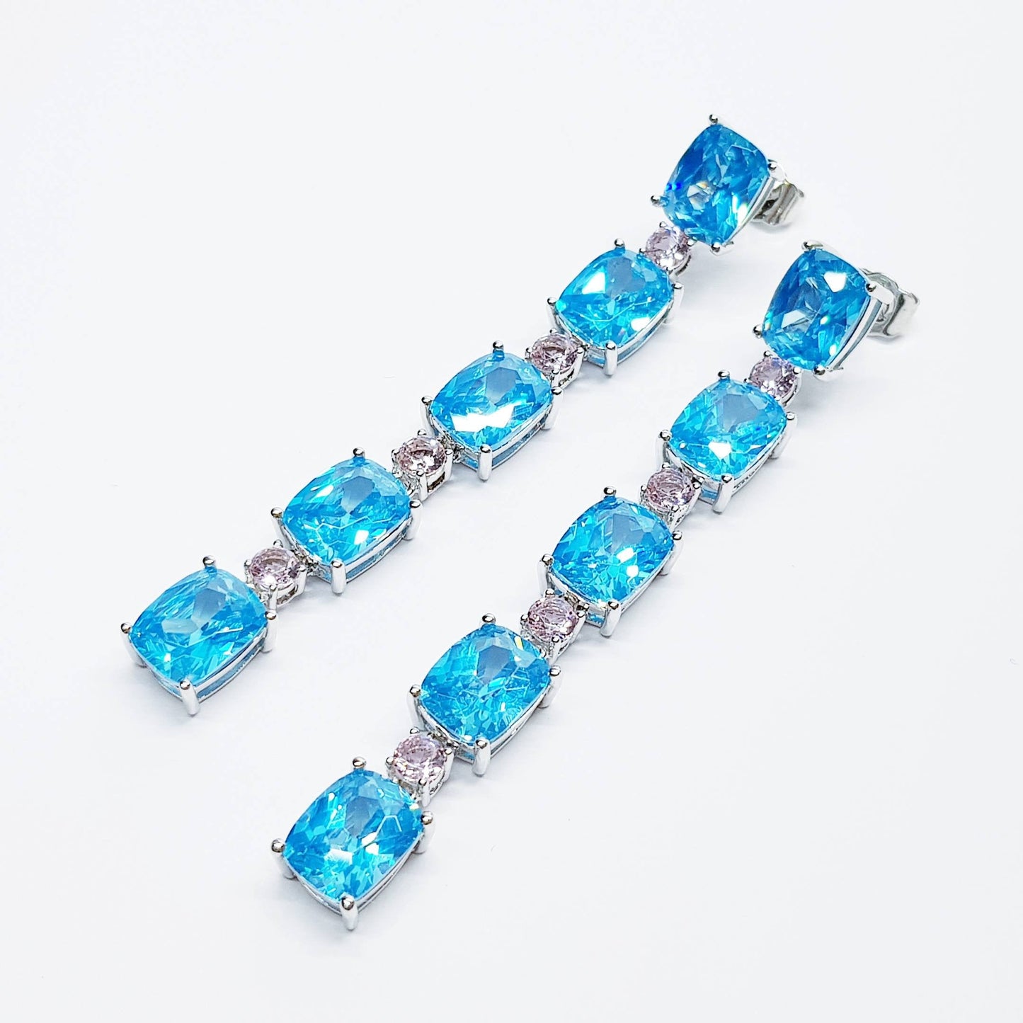Stunning long, electric blue and pink and drop earrings