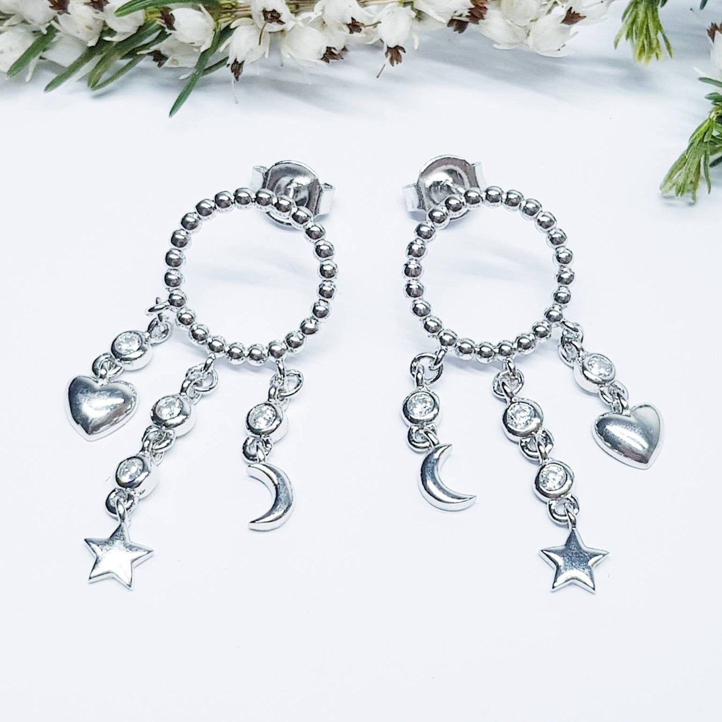Sterling Silver drop earrings with moon, star and heart charm