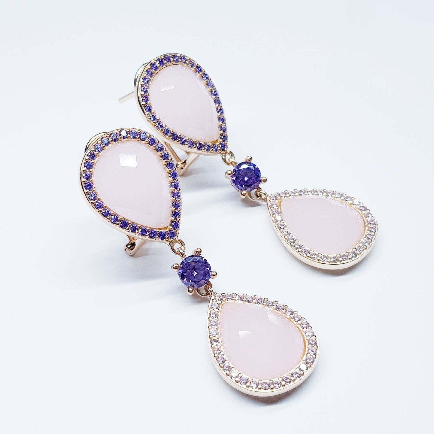 Light pink and lavender teardrop shaped earrings plated in rose gold