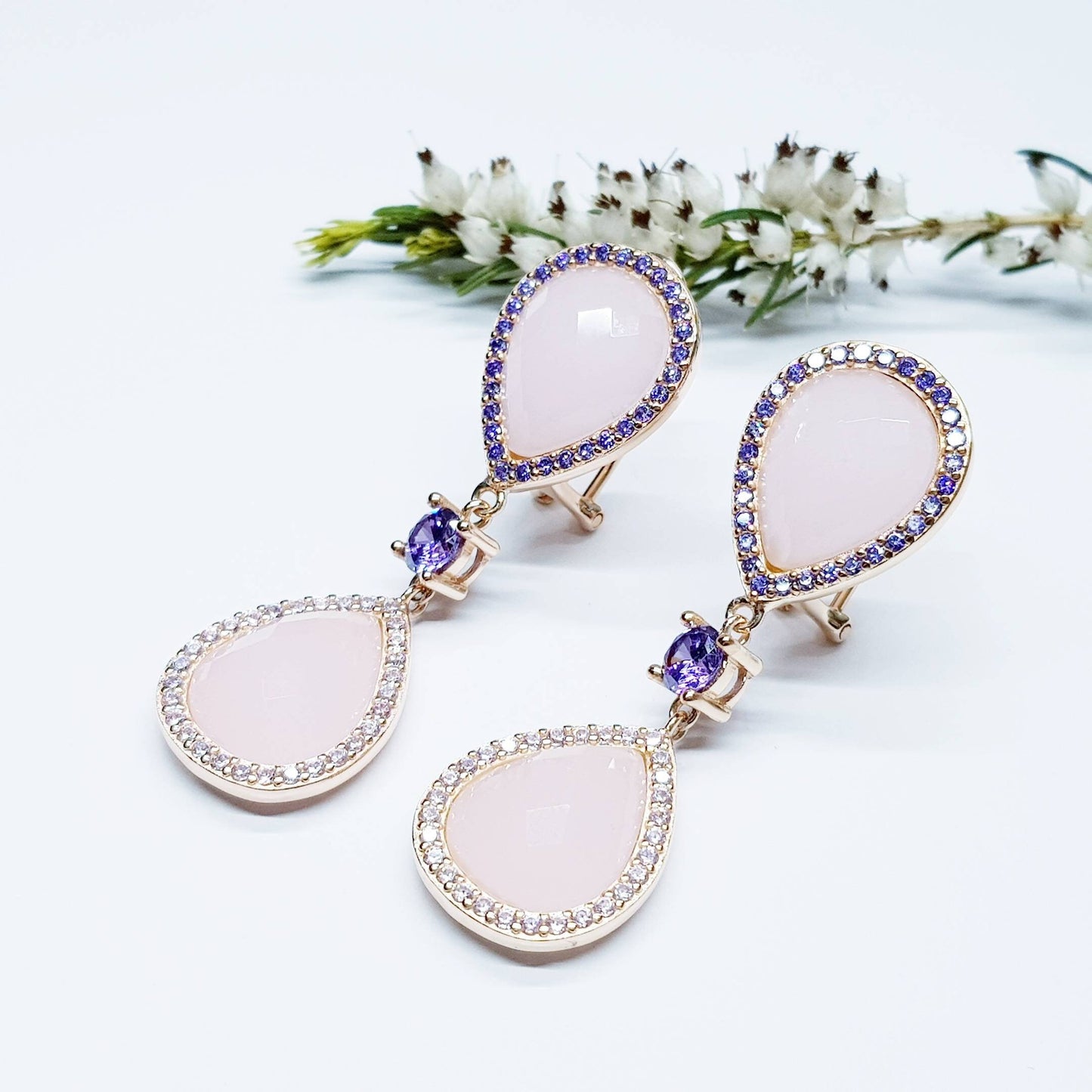 Light pink and lavender teardrop shaped earrings plated in rose gold